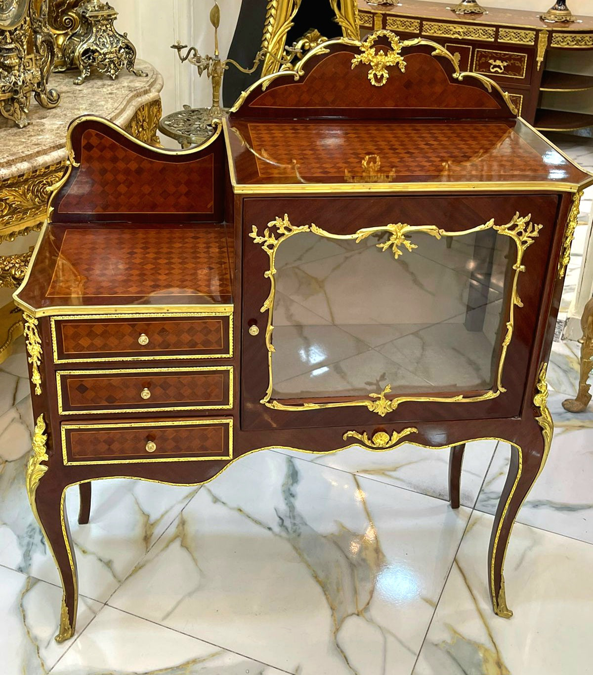 Louis XV Style Marquetry Bedside Cabinet with 3 Drawers and Glass Door