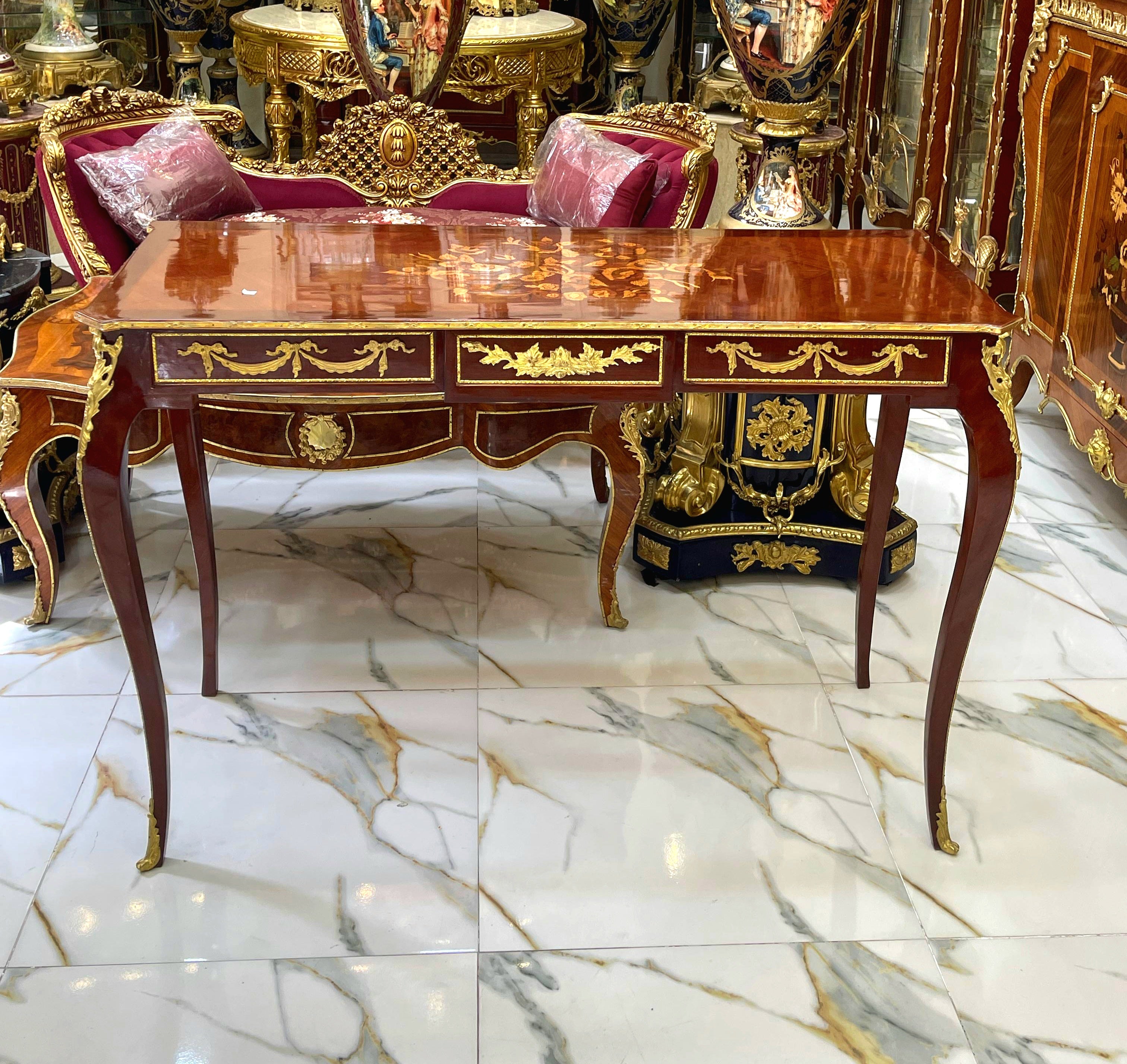 Elegant French Style Console Table or Desk – Handcrafted, Brown Finish with Gold Leaf, 35"H x 44"W x 15"D