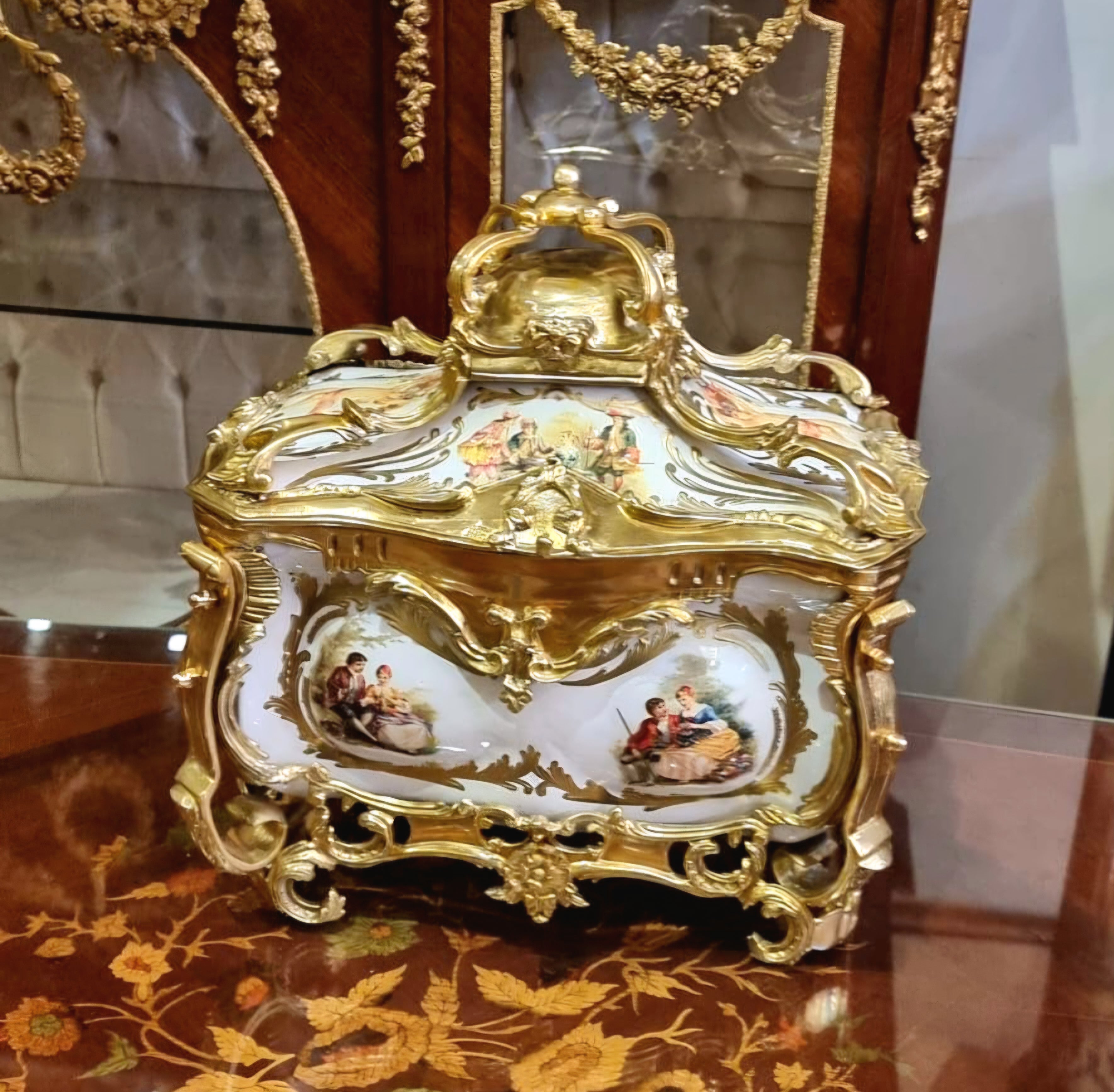 French Style Porcelain Jewelry Box with Gilt Bronze Ormolu Details