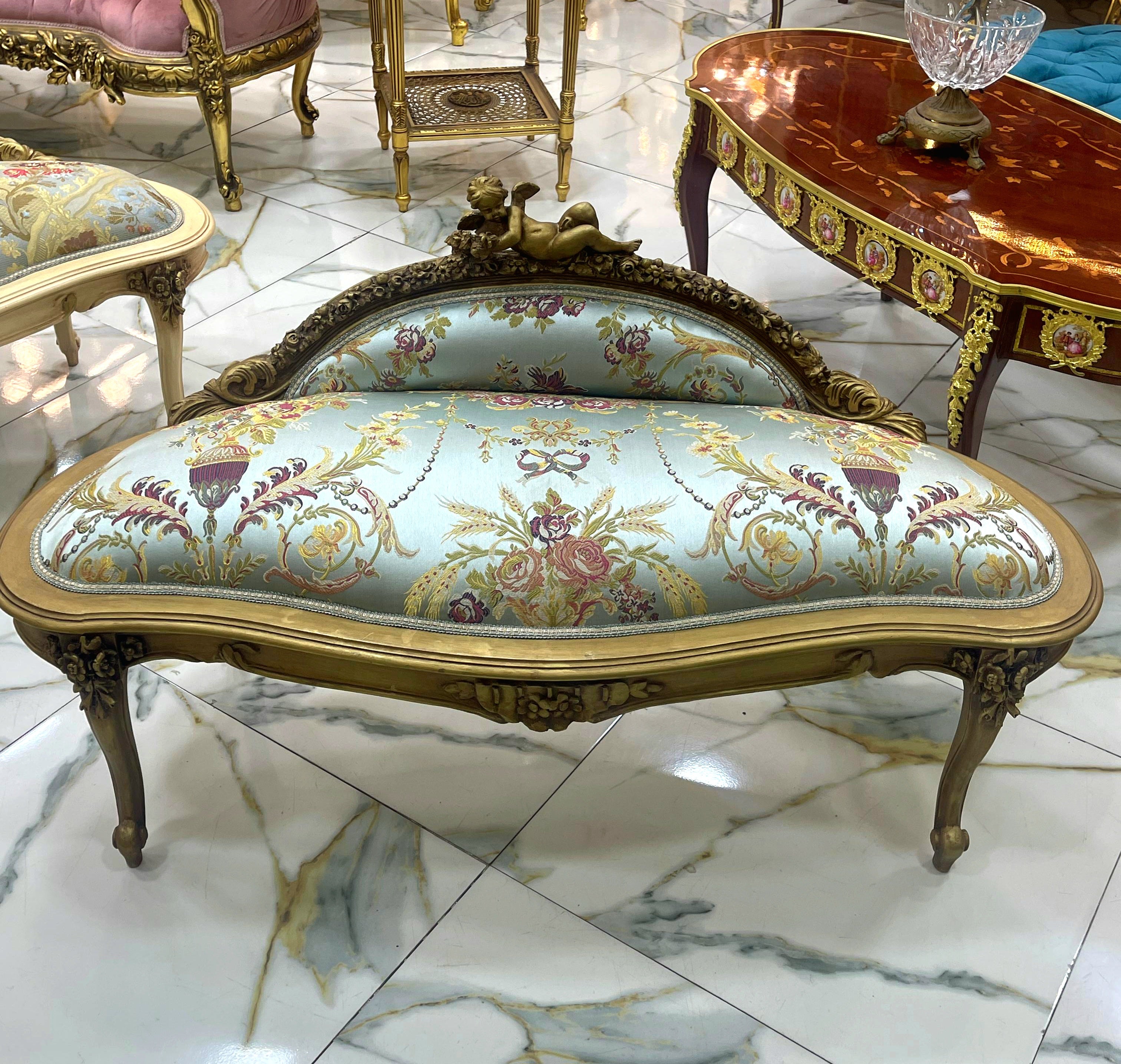 French Rococo Gold Leaf Green-Blue Settee with Cherub Crest & Damask Upholstery