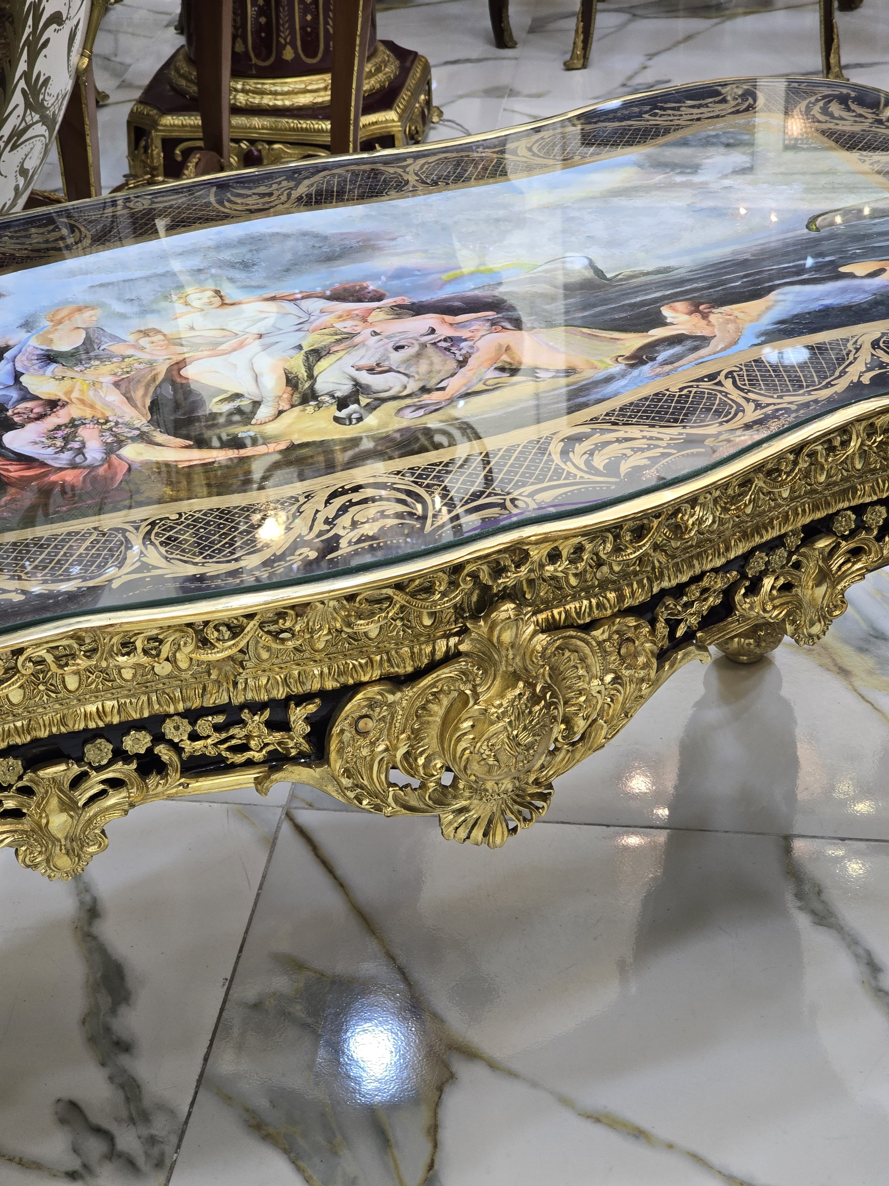 Monumental French Rococo Coffee Table with Hand-Painted Artwork Under Glass & Gilded Bronze Details