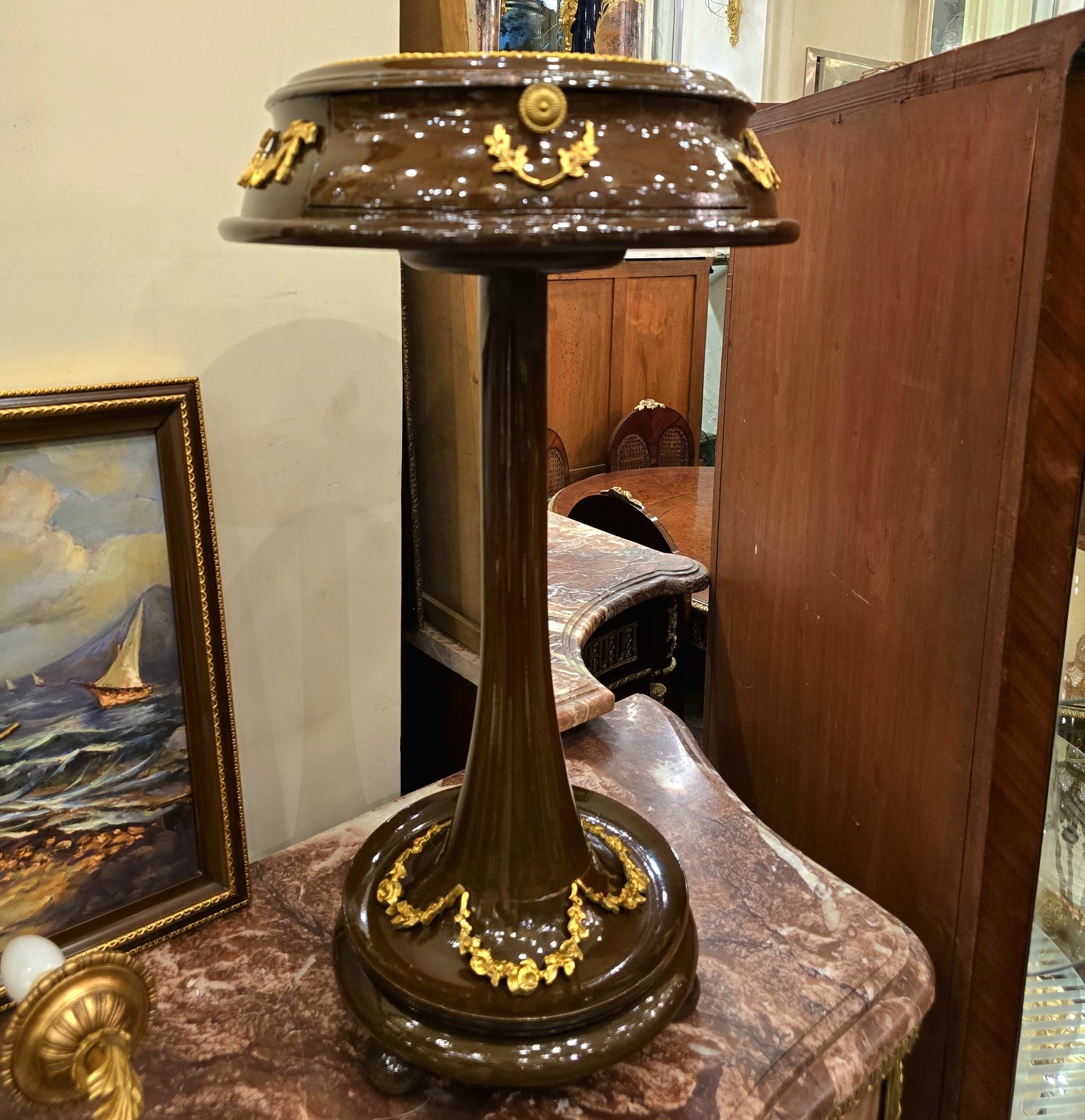 French Style Wood Side Table with Glass Top, Gold Leaf Details & Functional Drawer