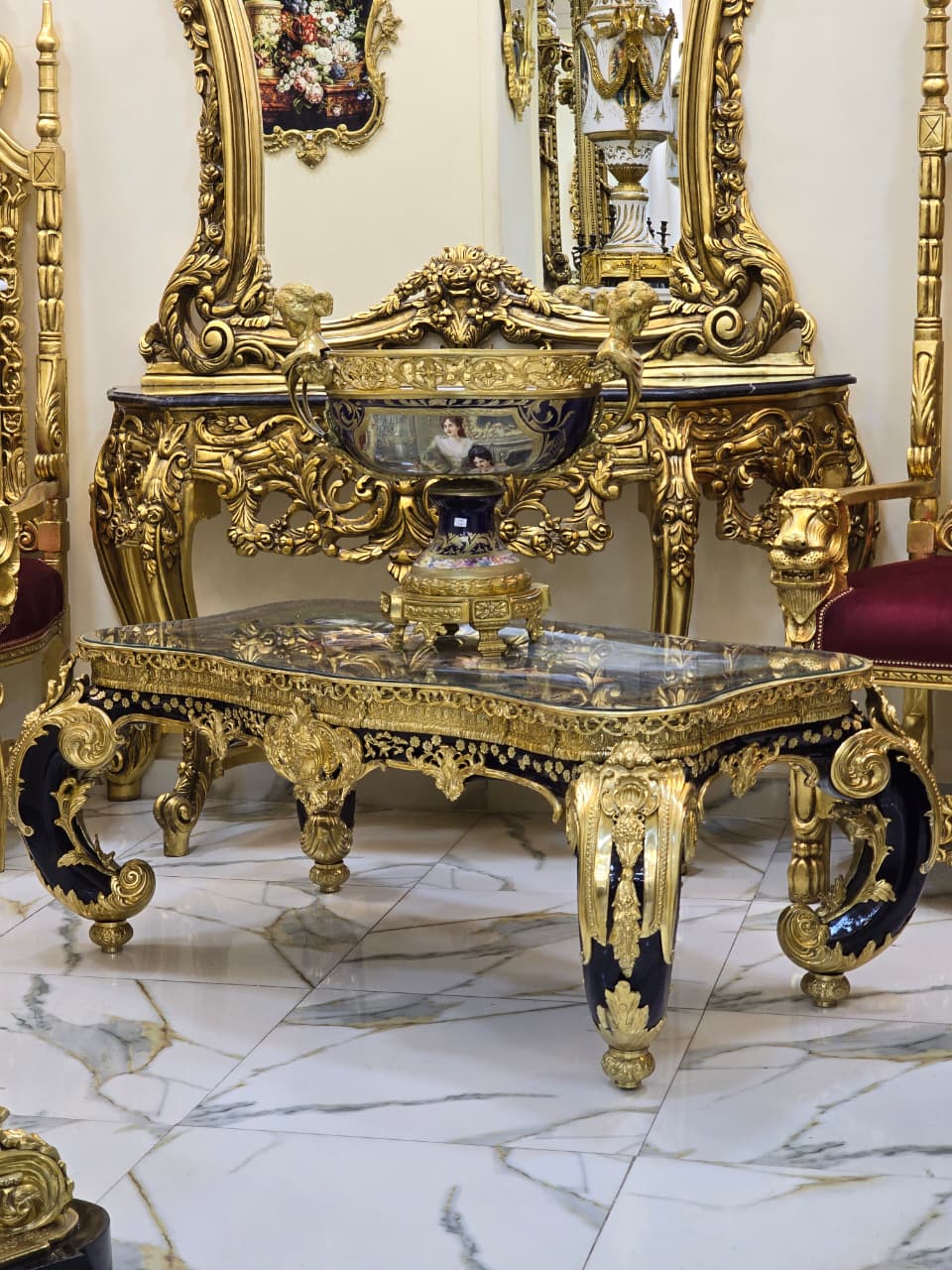 Monumental French Rococo Coffee Table with Hand-Painted Artwork Under Glass & Gilded Bronze Details
