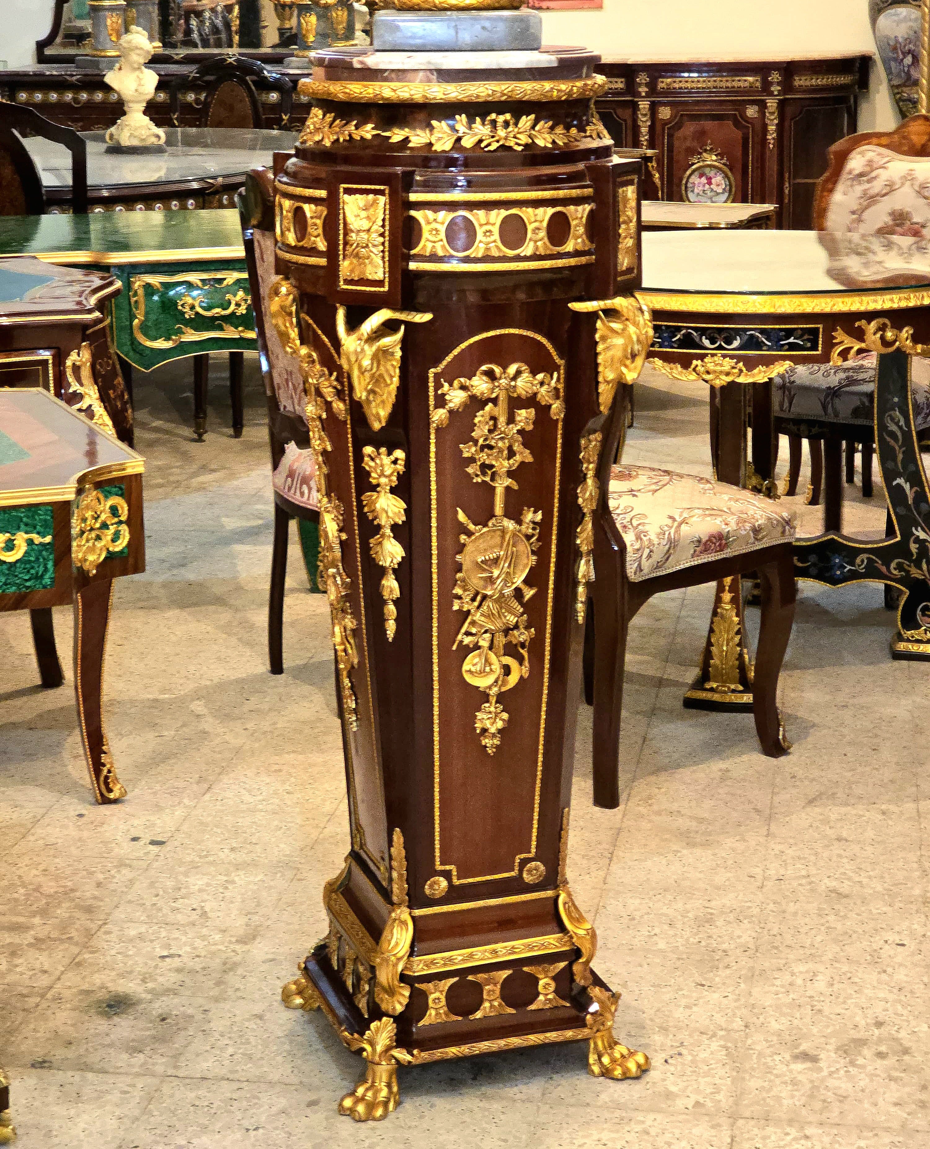 Luxury Ornate Wood Pedestal with Bronze Accents, Gold Leaf Details & Marble Top