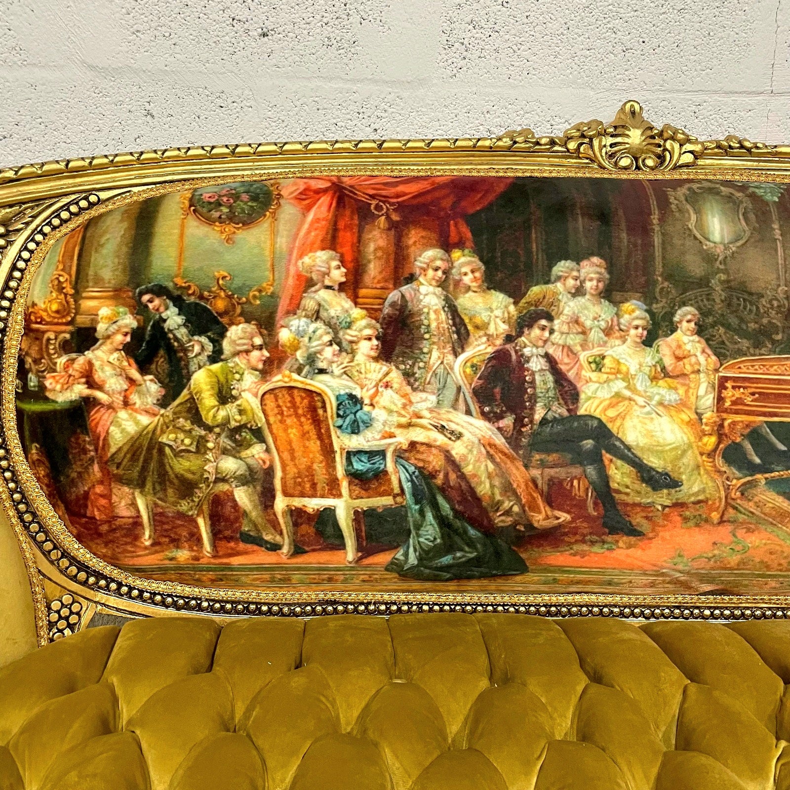 French Tufted Mustard Sofa – Victorian Scene Upholstery, Gold Leaf, Baroque Style, Luxury Vintage French Furniture