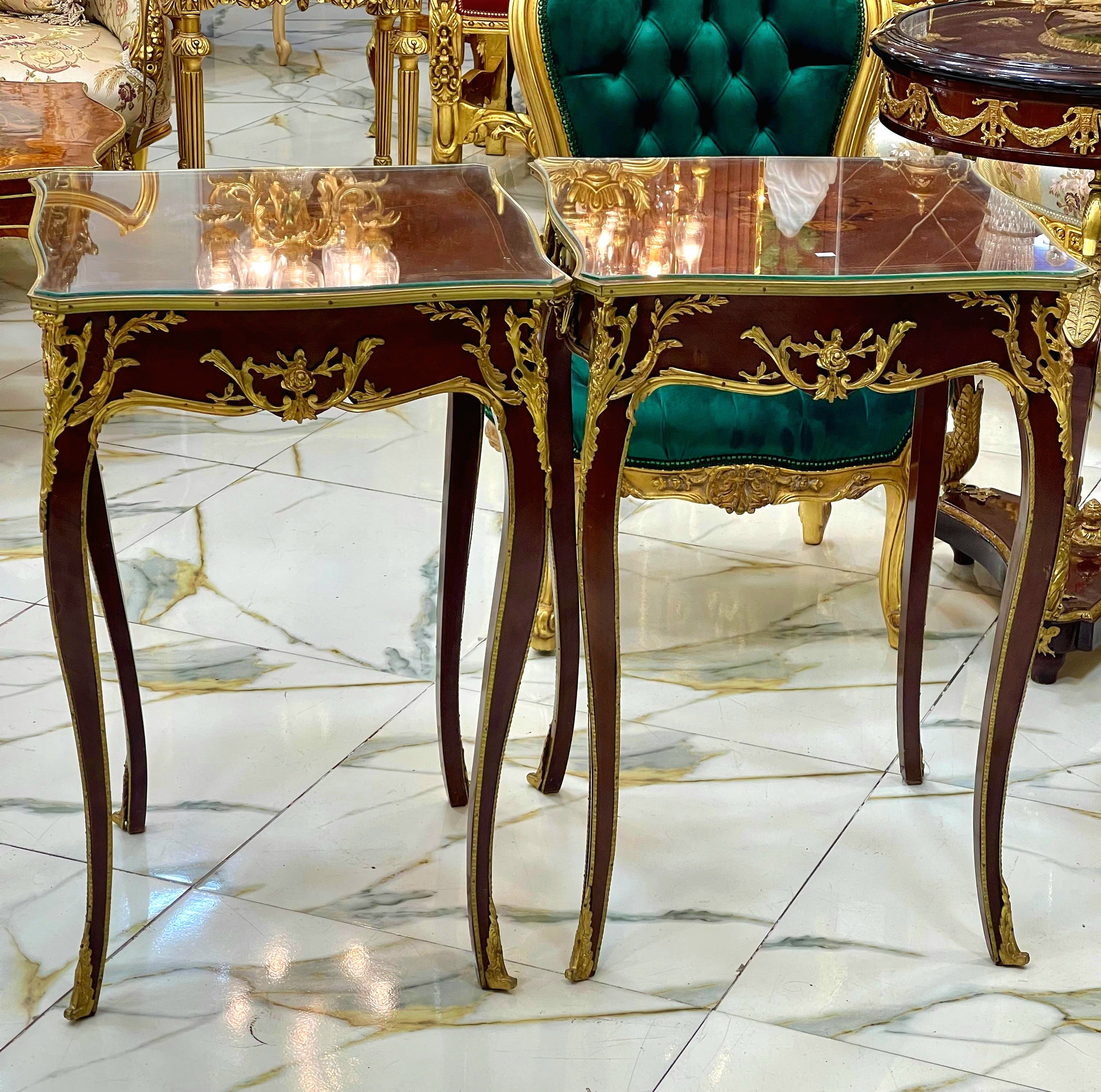 French Accent Side Table with Glass Top, Gold Leaf & Bronze Details