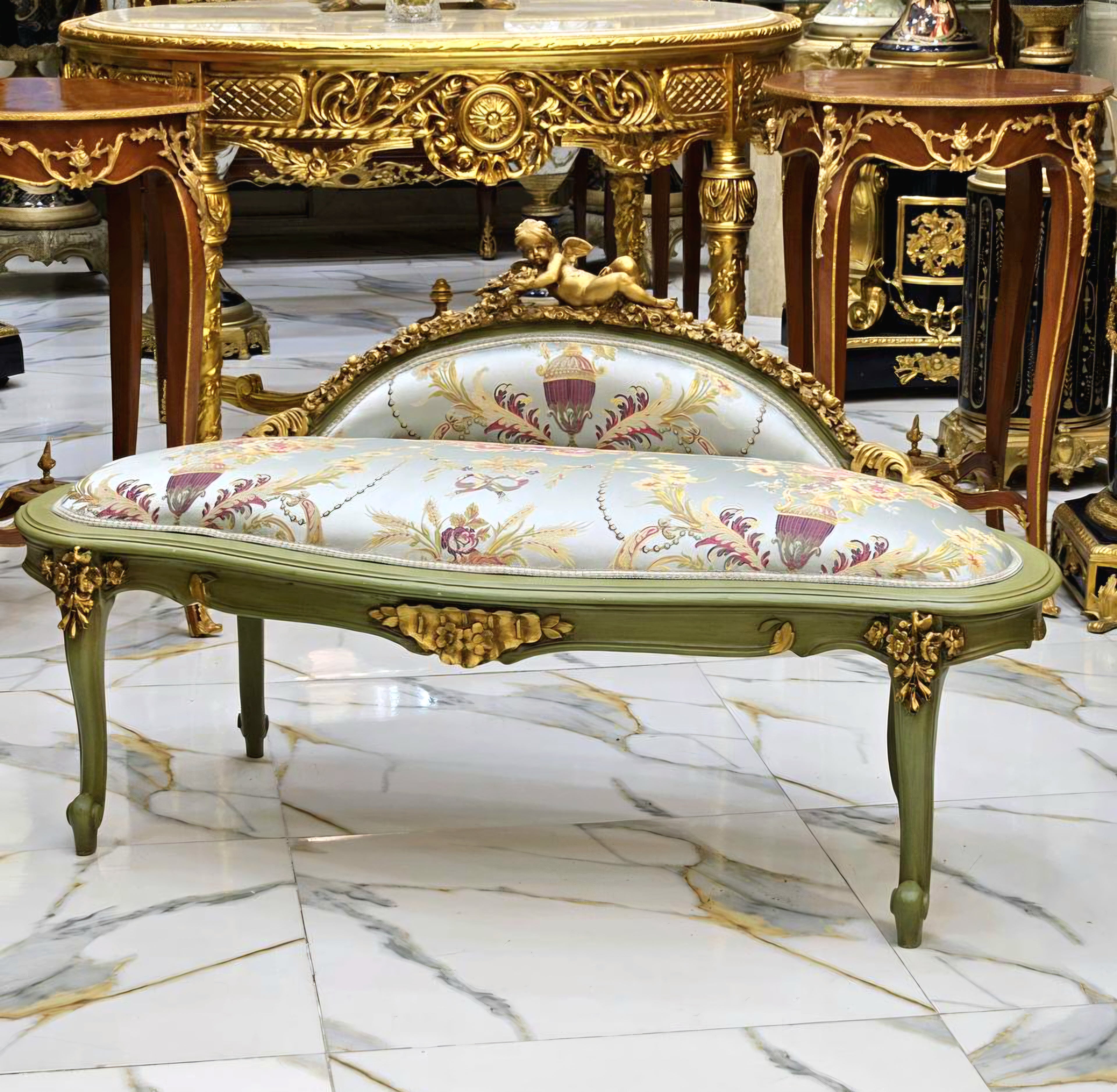 Antique French Style Gold Leaf Settee with Cherub Crest and Damask Upholstery