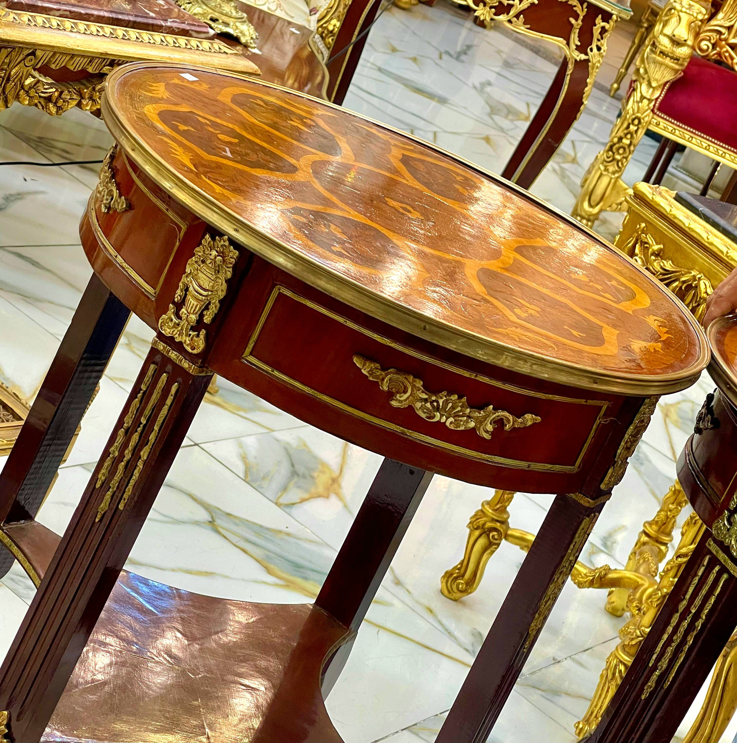 French Style Wood Side Table – Copper Finish with Gold Leaf Accents, Elegant Design