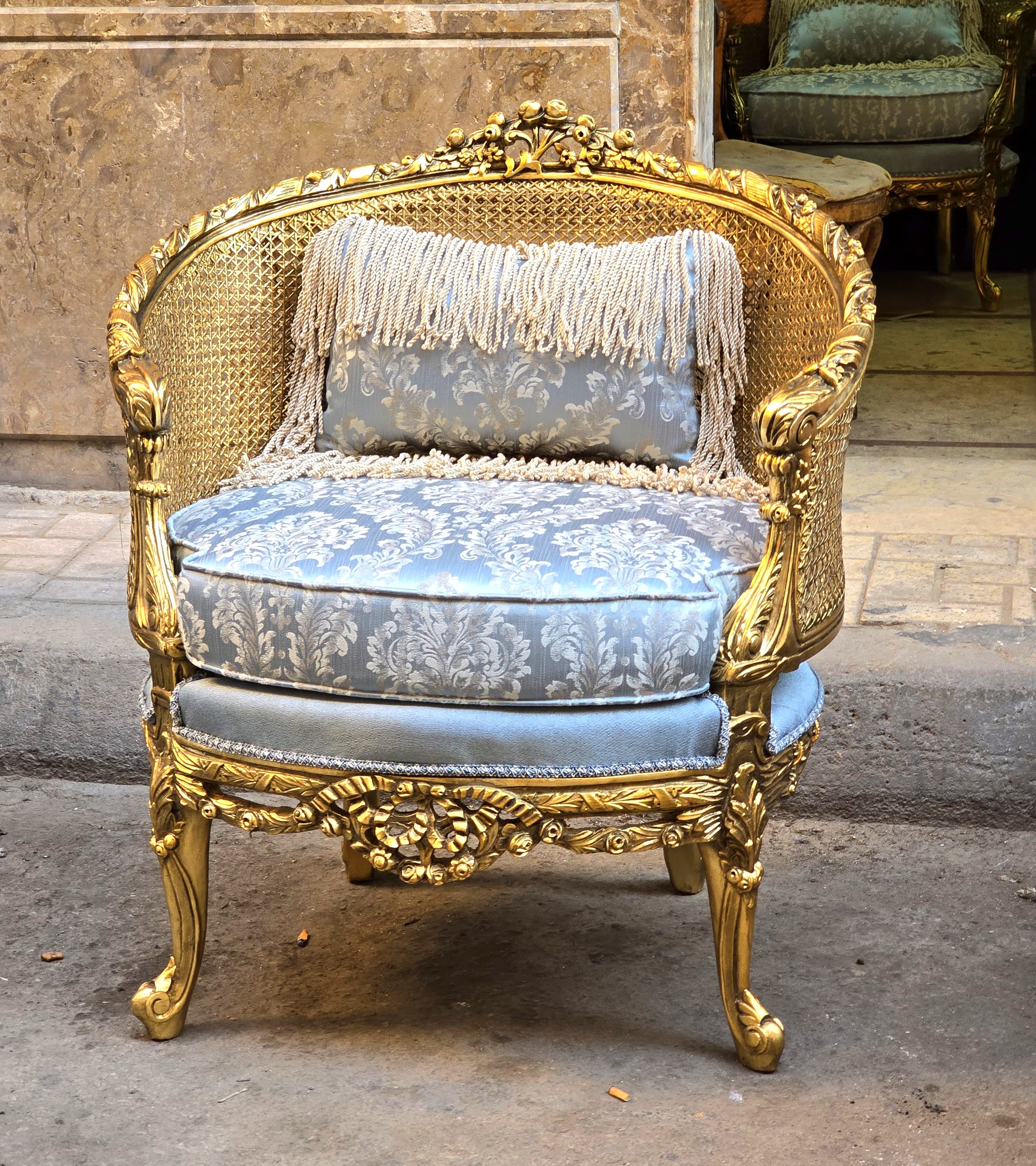 Baroque Style Sky Blue Damask Armchair – Gold Leaf Accent Chair with Pillow, Luxury French Seating