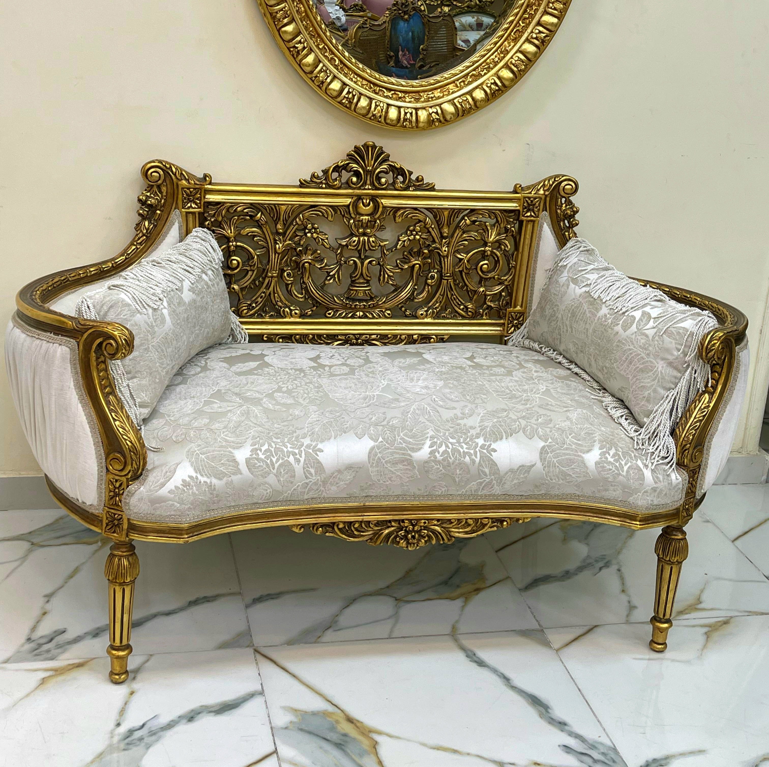 Elegant French Rococo Sofa in White & Beige Damask with Hand-Applied Gold Leaf Accents