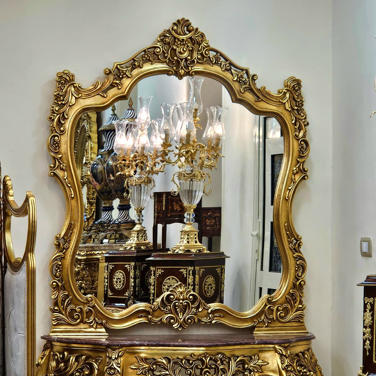 Majestic Hand-Carved Rococo Vanity Set with Unique Marble Top, Ornate Mirror & Gold Leaf Console Table