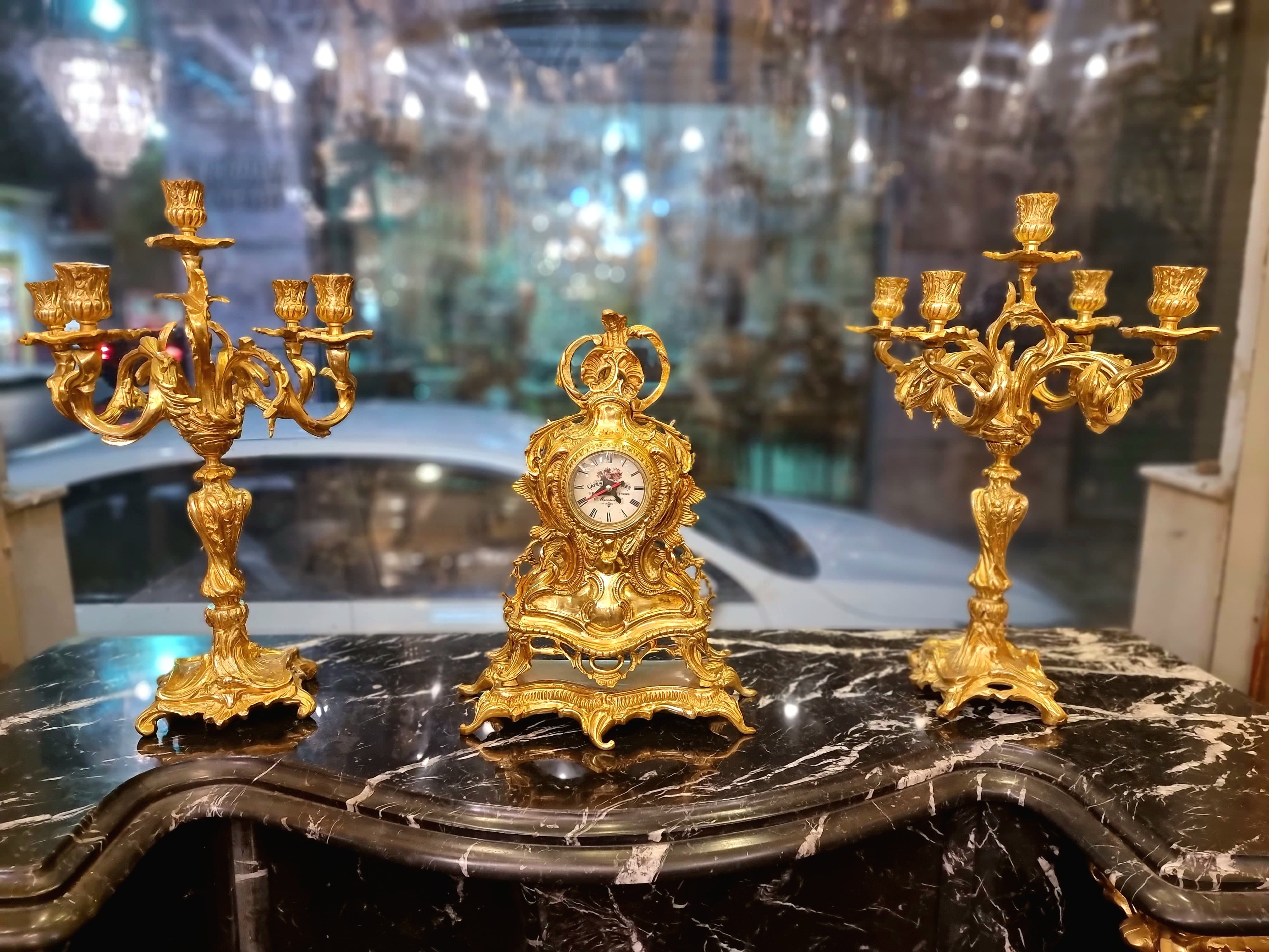 Luxury French Rococo Clock Garniture Set with Gilt Bronze Candelabras – 3 Pieces Set
