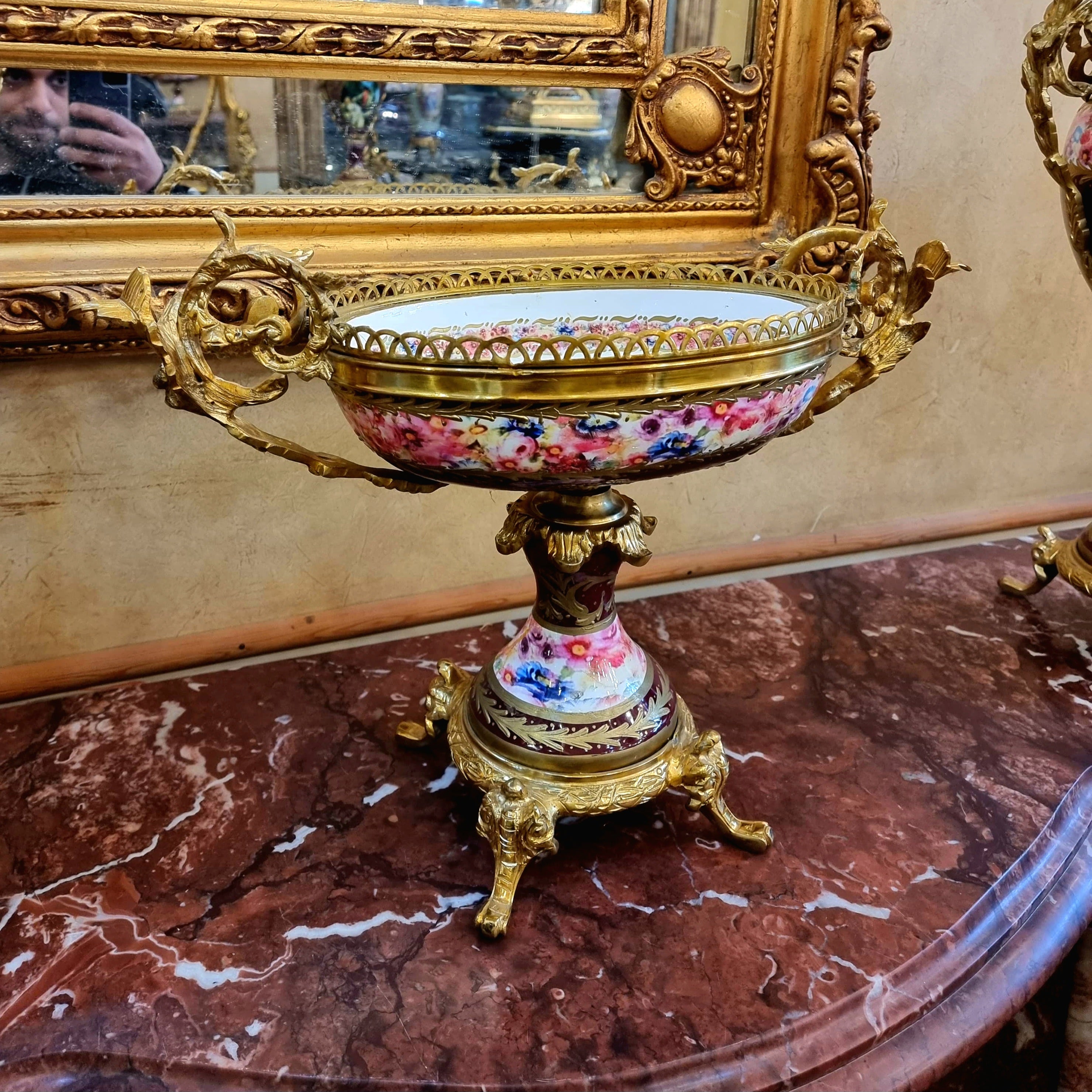 French Louis XV Style Porcelain Garniture Set with Decorative Centerpiece & Matching Floral Vases – 3 Pieces
