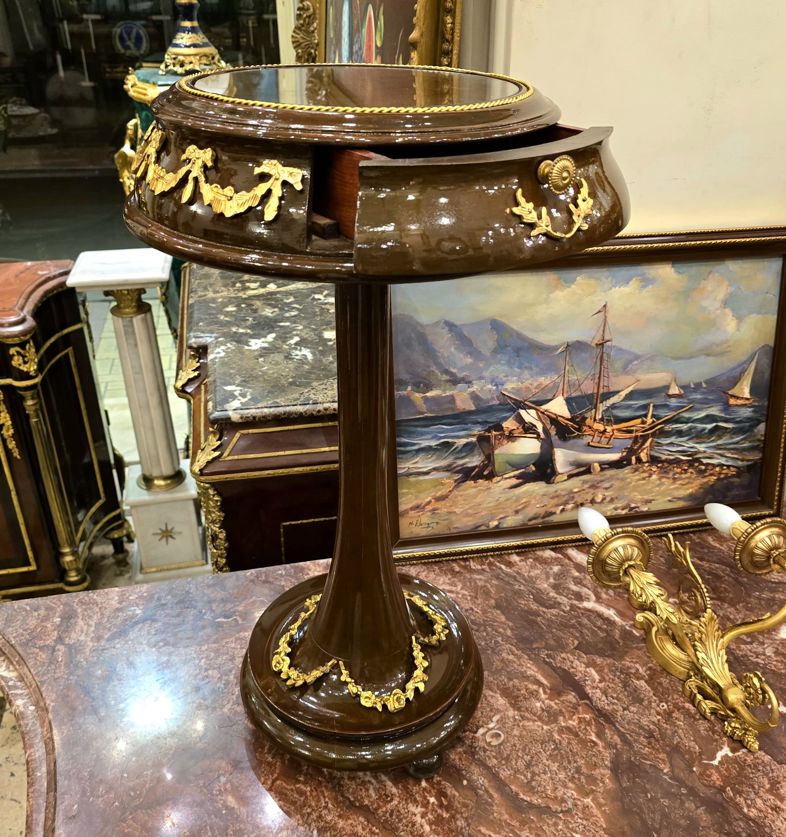 French Style Wood Side Table with Glass Top, Gold Leaf Details & Functional Drawer