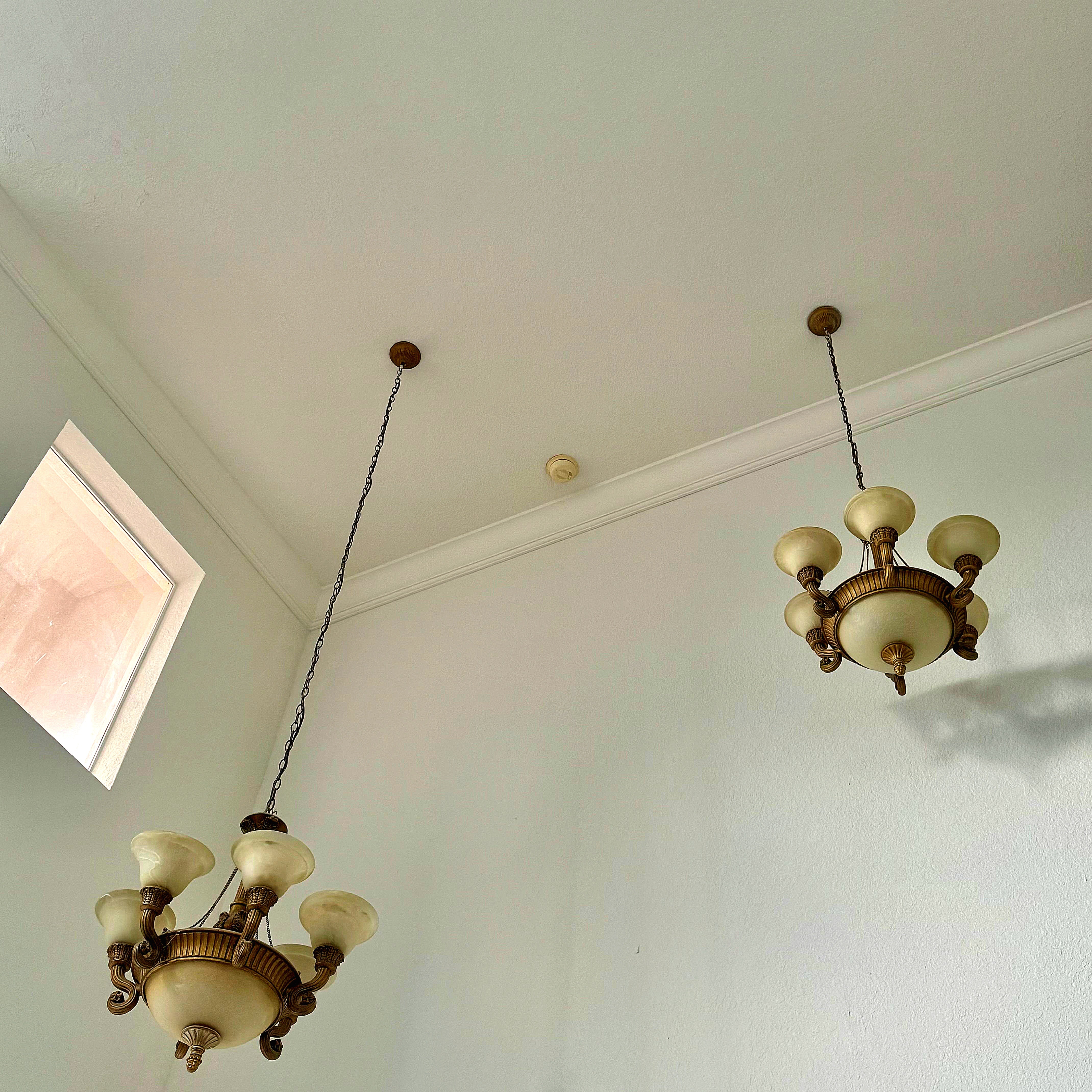French Empire Vintage 26"H Set of 2 (ceiling to bottom 32”) Neoclassical Alabaster & Heavy Gilded Brass Chandelier 9 Bulbs