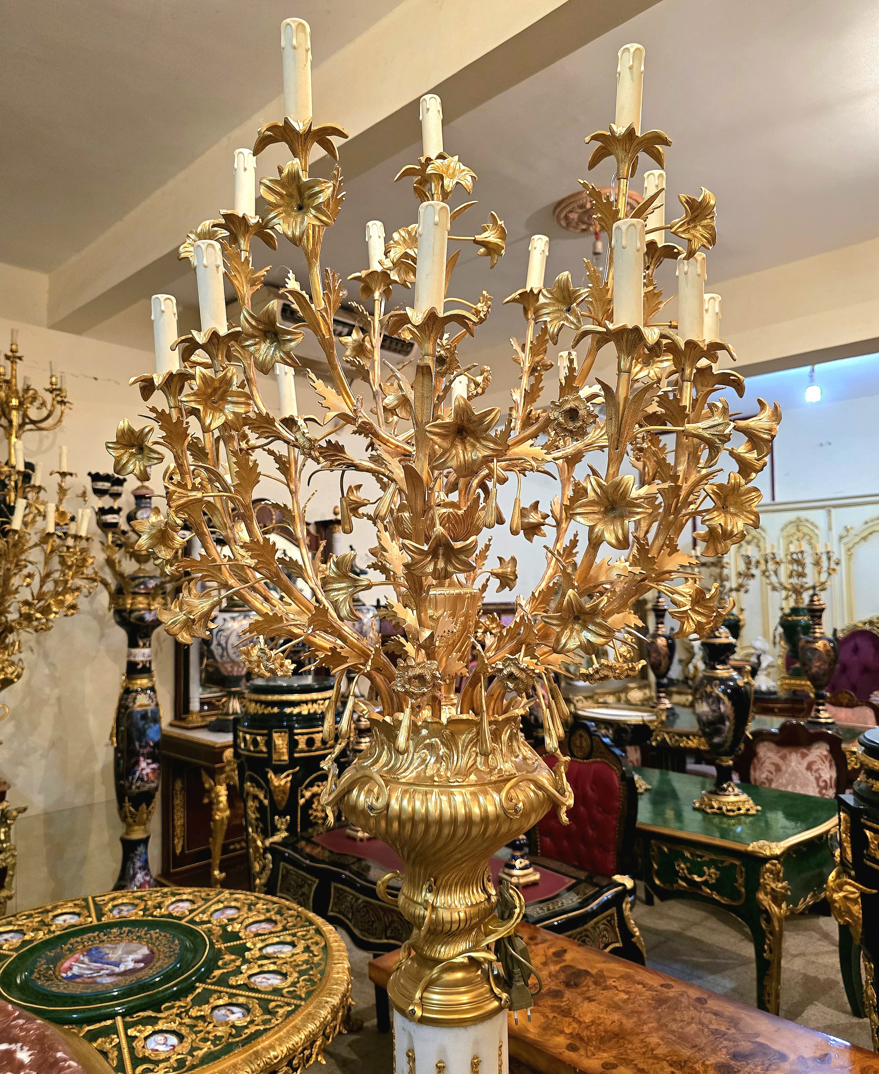 Elegant Louis XVI Style Pedestal Candelabra with Gold Leaf Floral Details & Gilded Bronze Accents