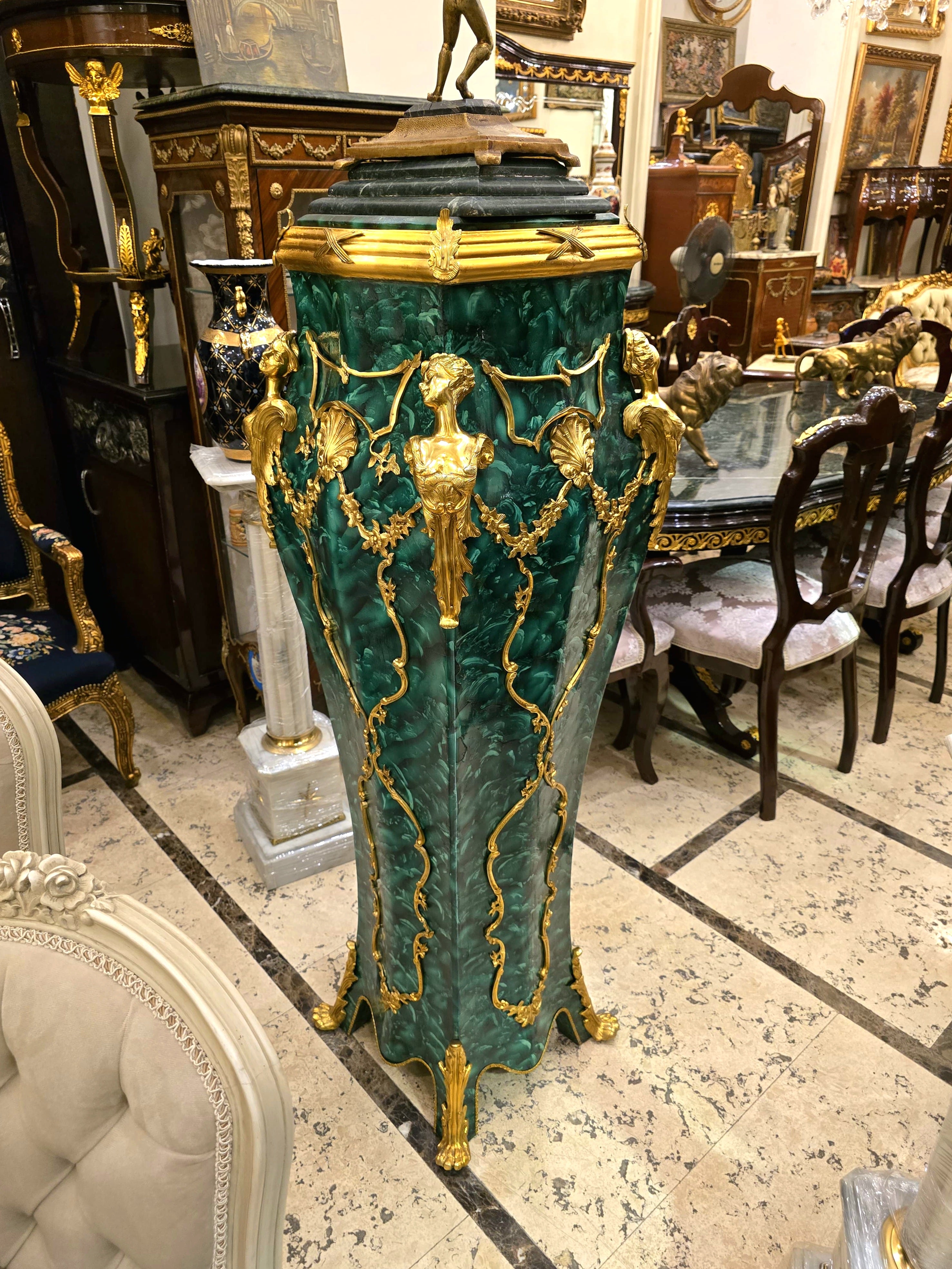 French Rococo Green Pedestal with Gold Leaf & Bronze Mounted Details