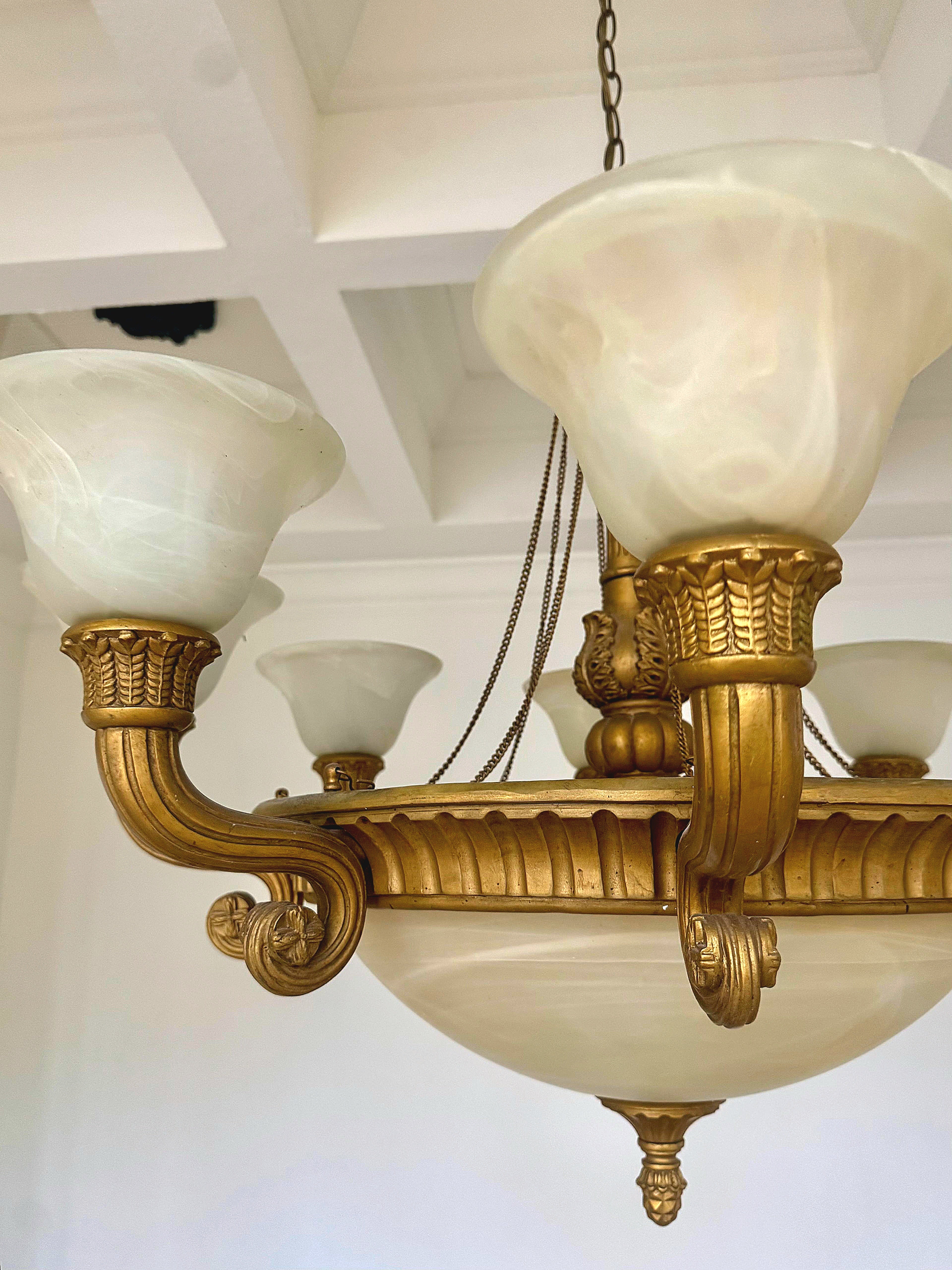 French Empire Vintage 36" Neoclassical Alabaster & Heavy Gilded Brass Chandelier 11 Bulbs