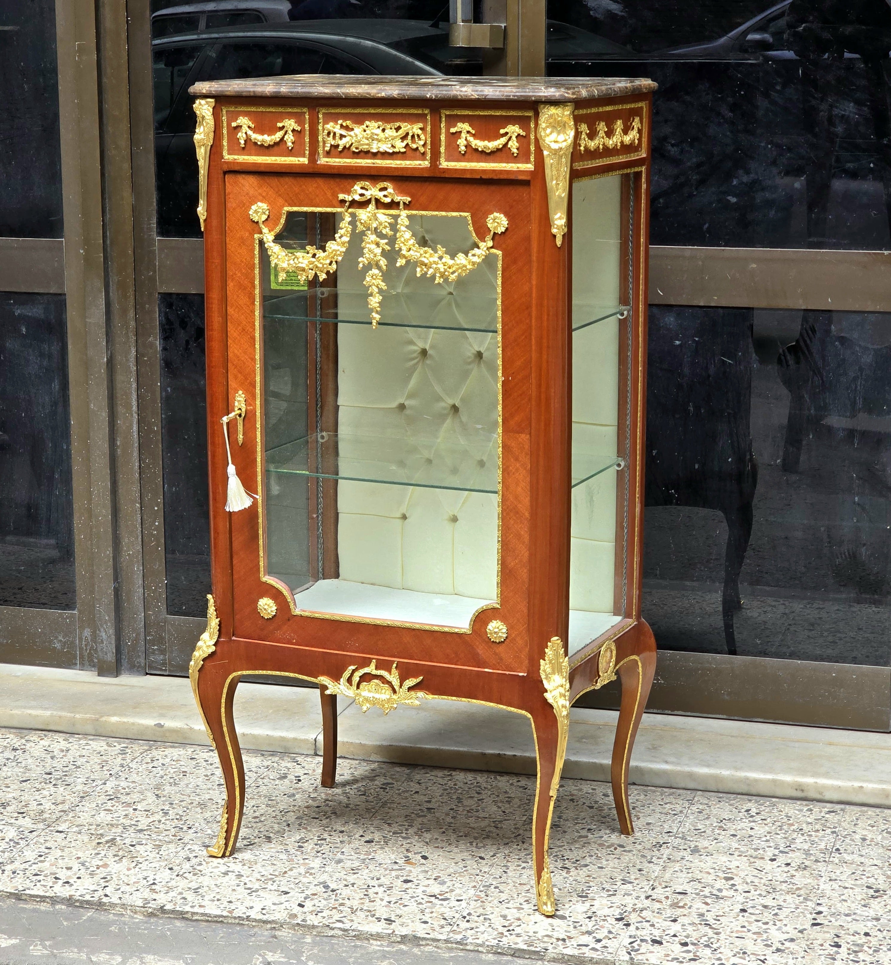Louis XV Marquetry Bedside Cabinet with Glass Door, Marble Top & Gold Accents