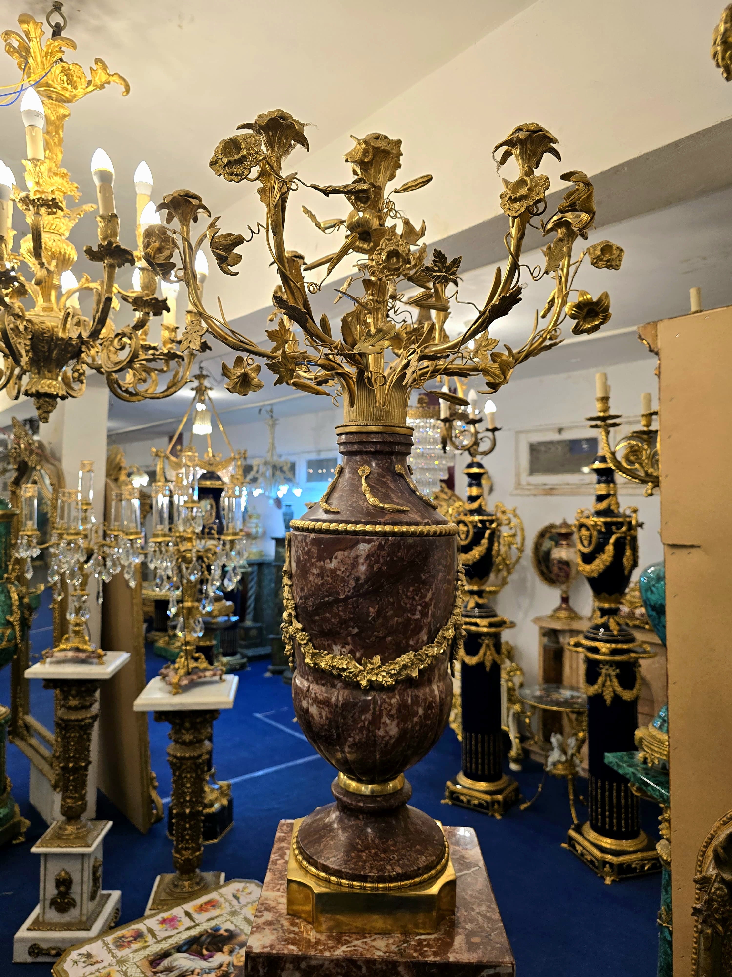 Magnificent Louis XVI-Style Porcelain Pedestal Centerpiece with Floral Gold Leaf Details & Gilded Bronze Accents