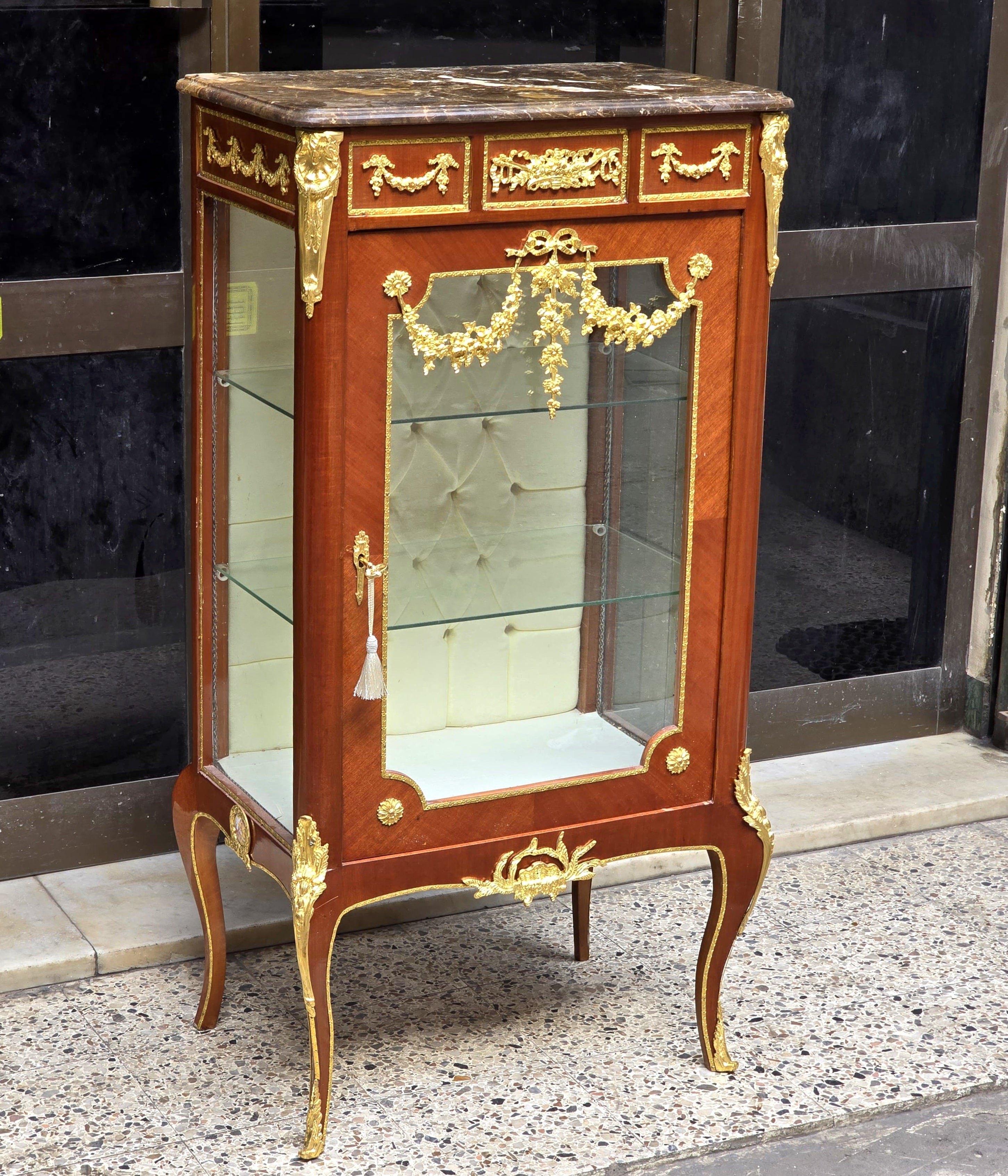 Louis XV Marquetry Bedside Cabinet with Glass Door, Marble Top & Gold Accents