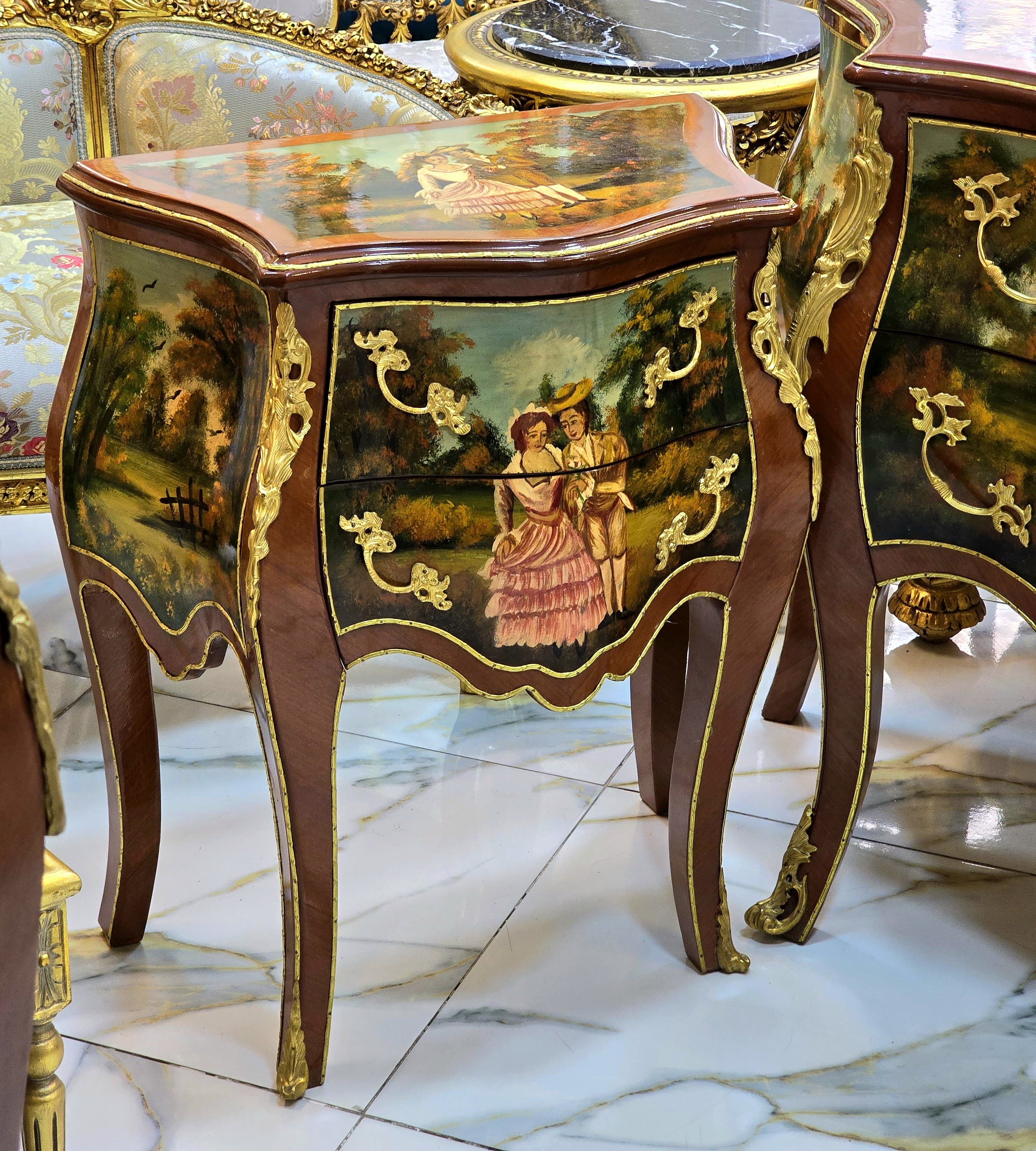 French Rococo Hand-Painted Accent Chest with Gold Leaf Details & Romantic Landscape Artwork
