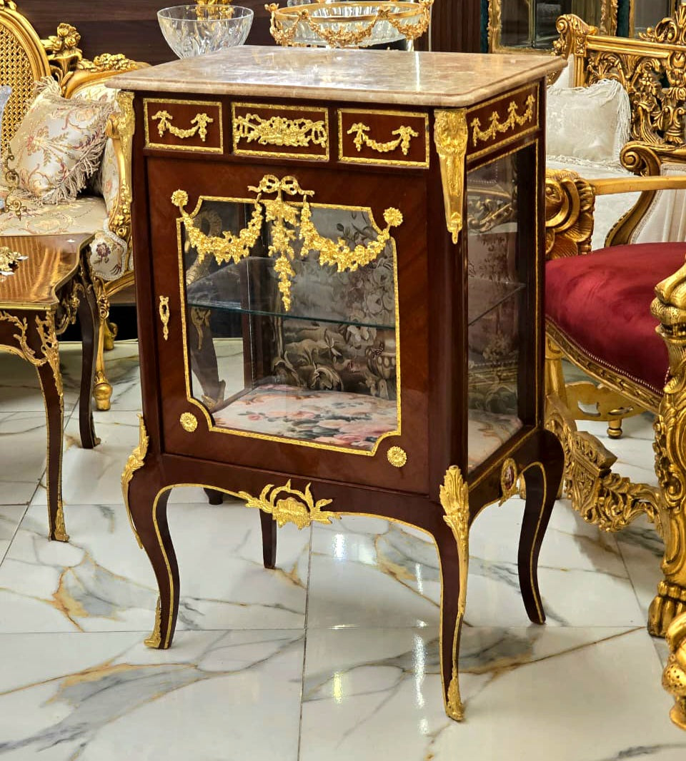 Louis XV Marquetry Bedside Cabinet with Floral Damask Interior & Marble Top