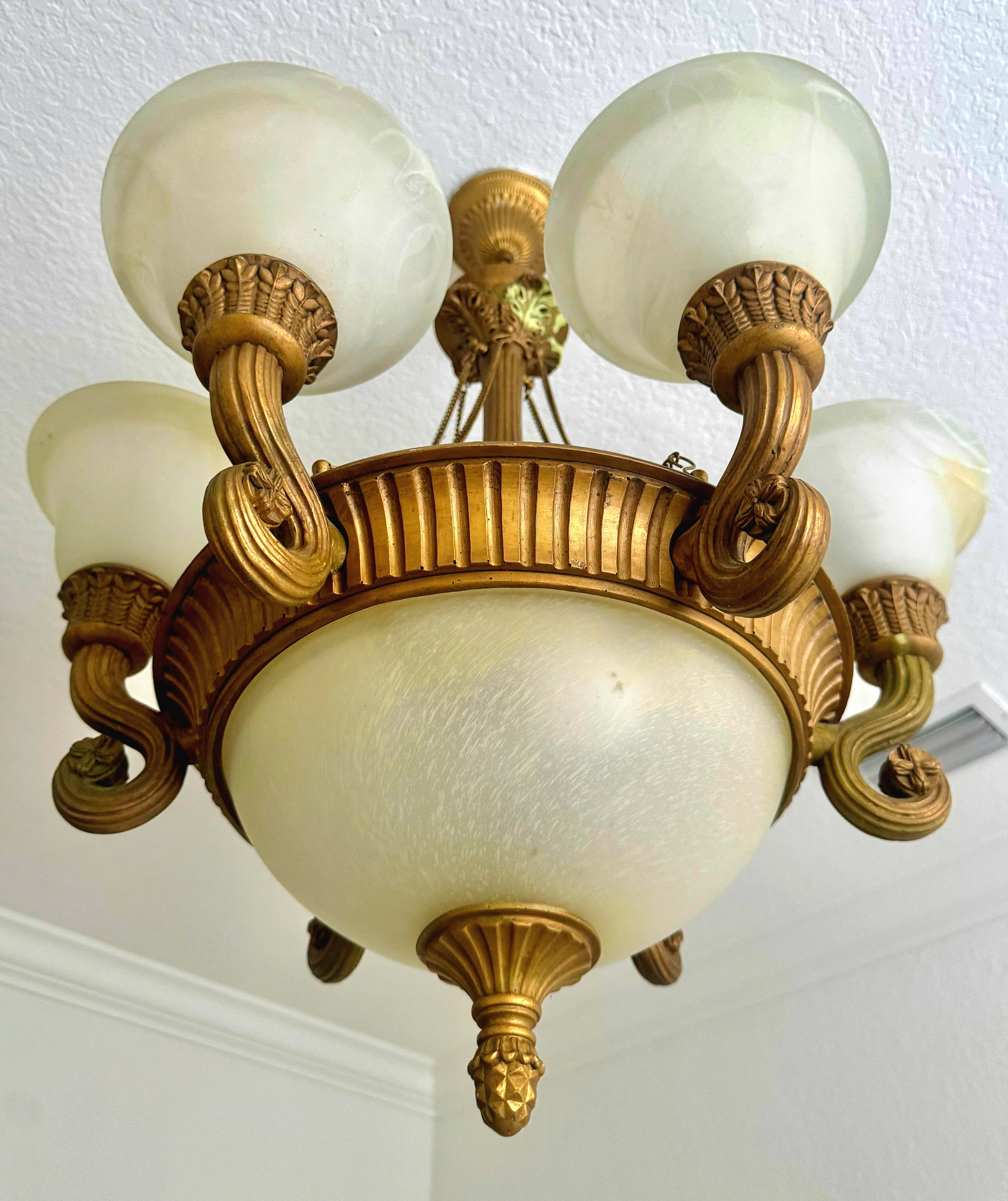 French Empire Vintage 26"H Set of 2 (ceiling to bottom 32”) Neoclassical Alabaster & Heavy Gilded Brass Chandelier 9 Bulbs