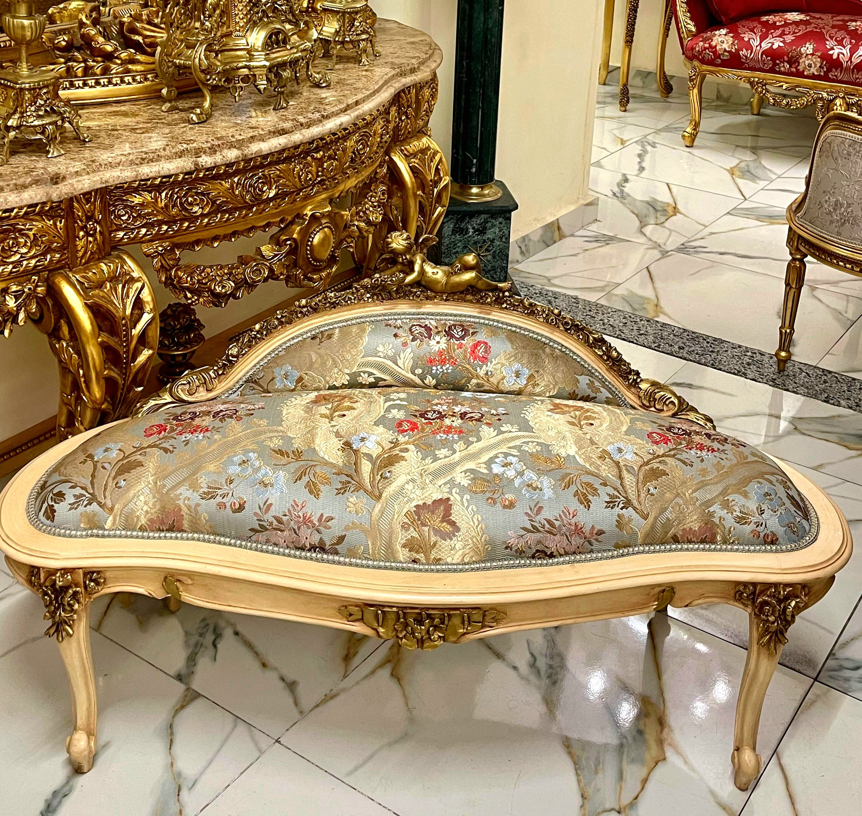 Vintage French Rococo Sky Blue Settee – Gold Leaf Frame, Ornate Cherub Top, Damask Upholstery
