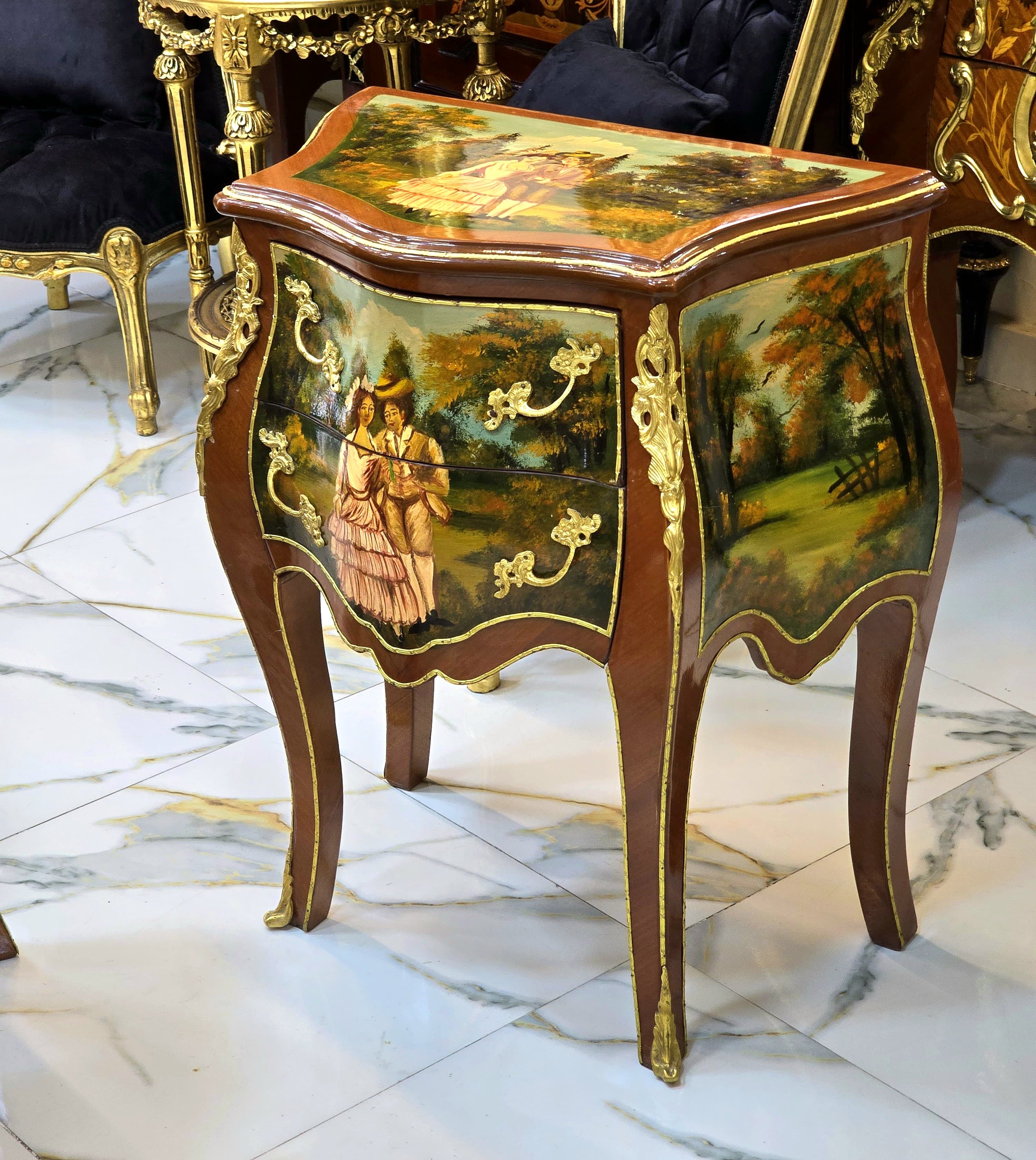 French Rococo Hand-Painted Accent Chest with Gold Leaf Details & Romantic Landscape Artwork