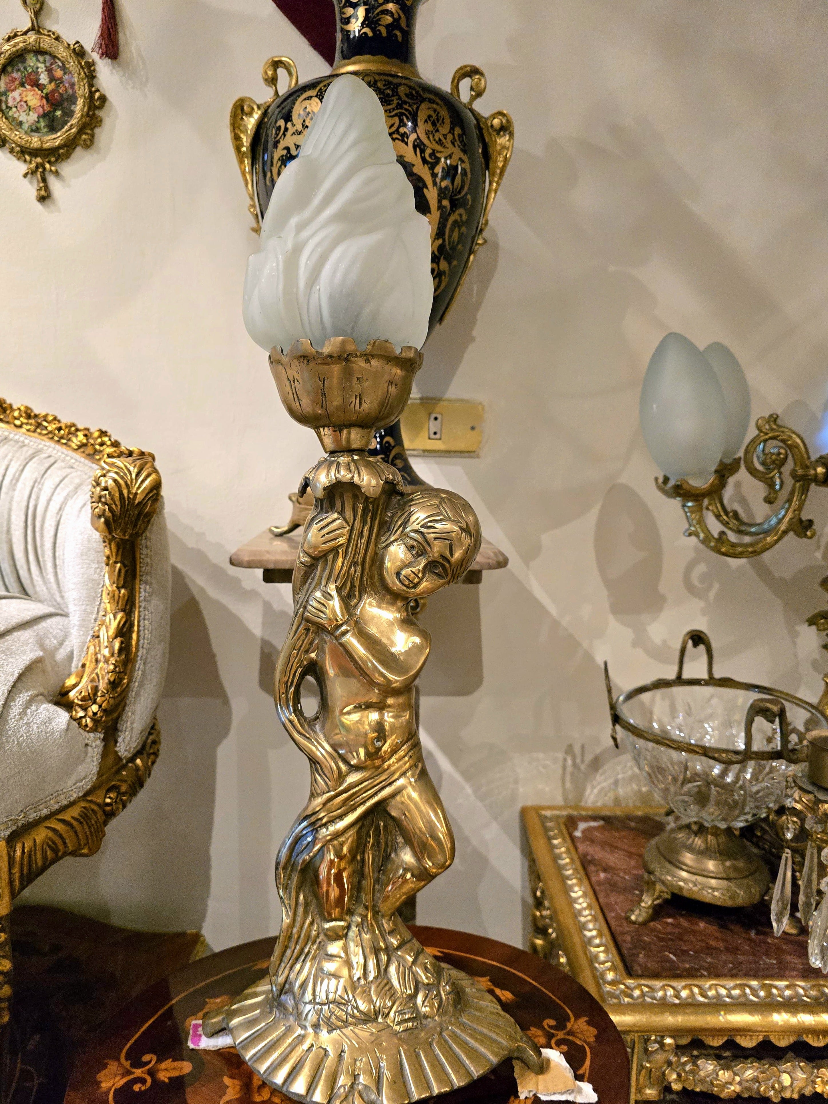 Rococo Style Cherub Table Lamp with Frosted Glass Flame Shade & Gilt Bronze Finish