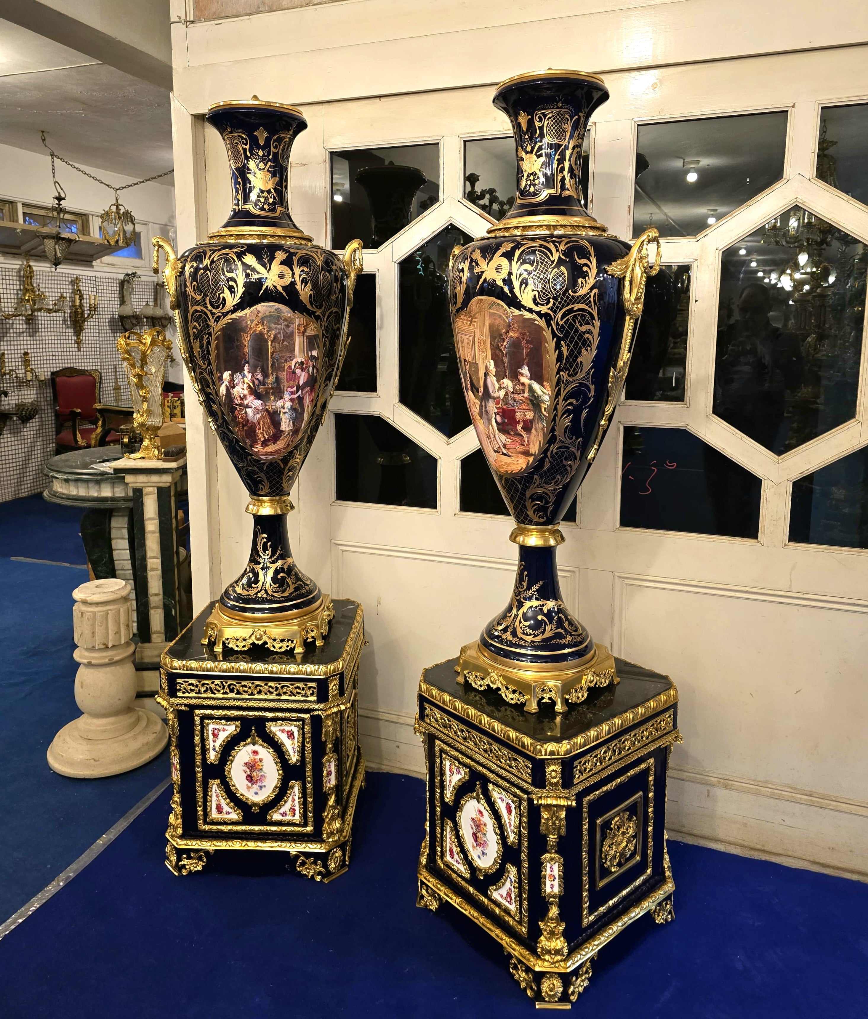 Monumental Sevres-Style Midnight Blue Porcelain Vase on Pedestal with Gold Leaf Details & French Court Scenes
