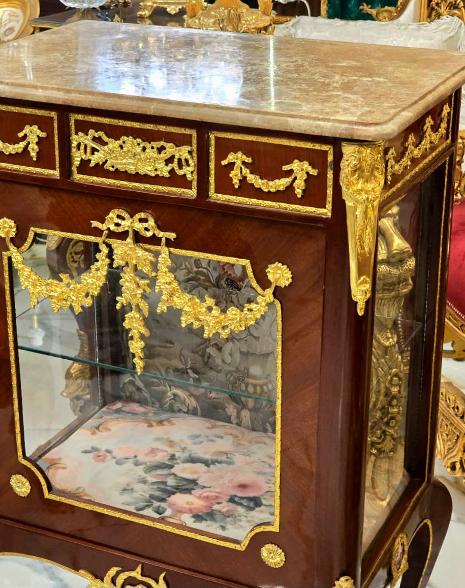 Louis XV Marquetry Bedside Cabinet with Floral Damask Interior & Marble Top