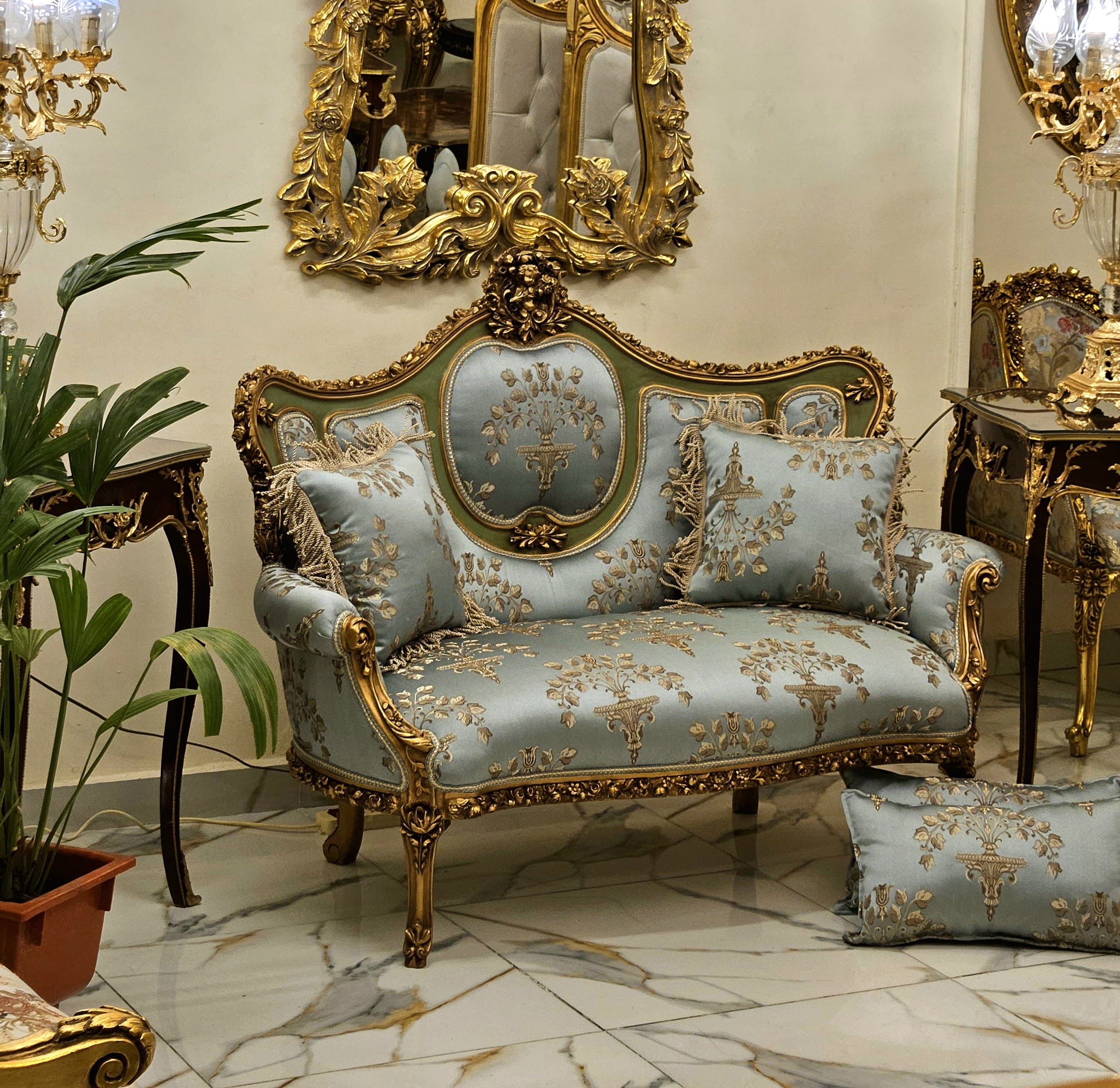 French Rococo Sky Blue Sofa – Hand-Carved Gold Leaf Frame, Luxury Statement Piece