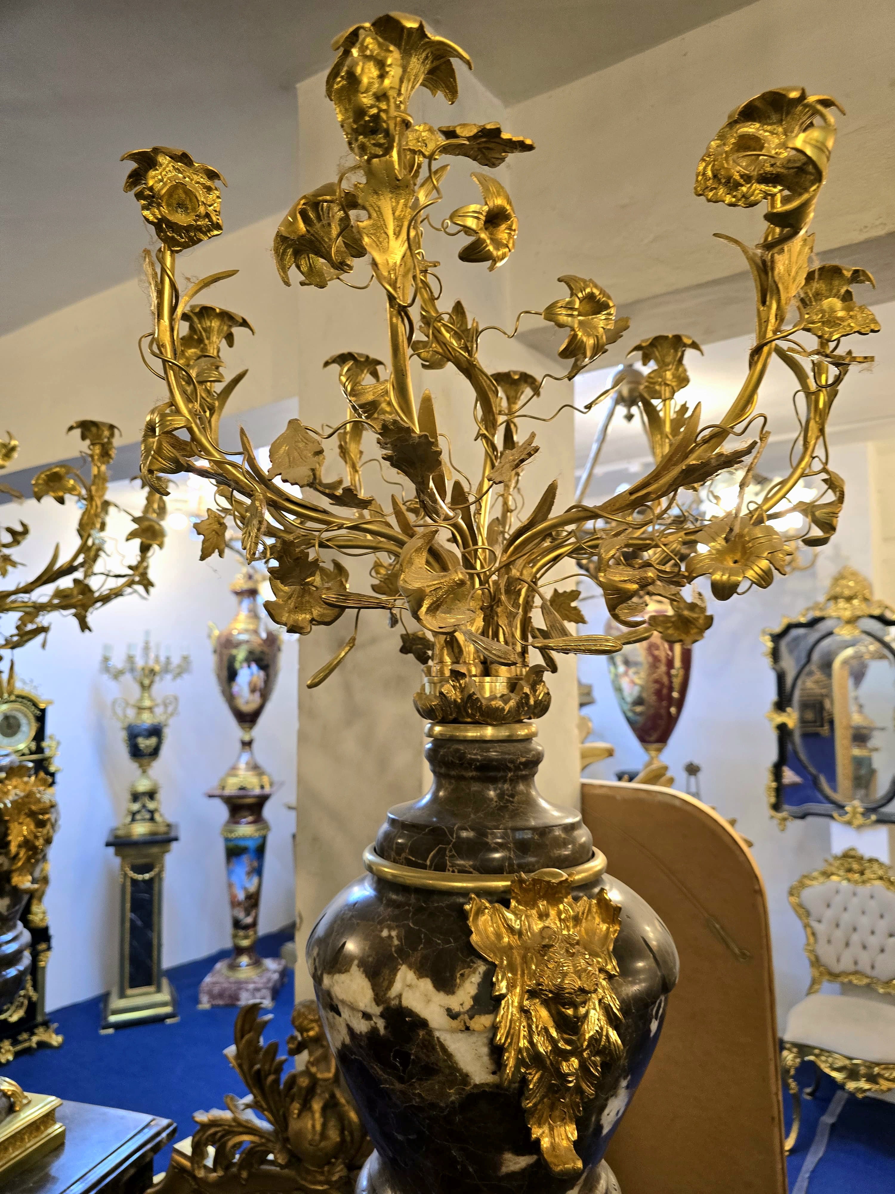 Magnificent Louis XVI-Style Black Porcelain Decorative Centerpiece with Gold Leaf Floral Details & Gilded Bronze Accents
