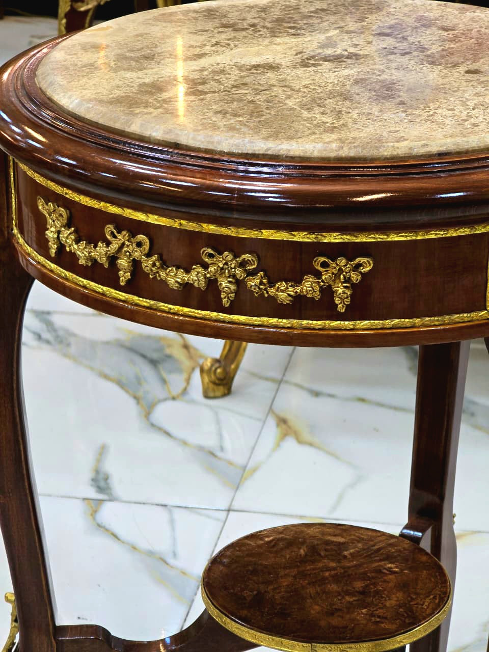 French Baroque Accent Table with Marble Top & Ornate Gold Details
