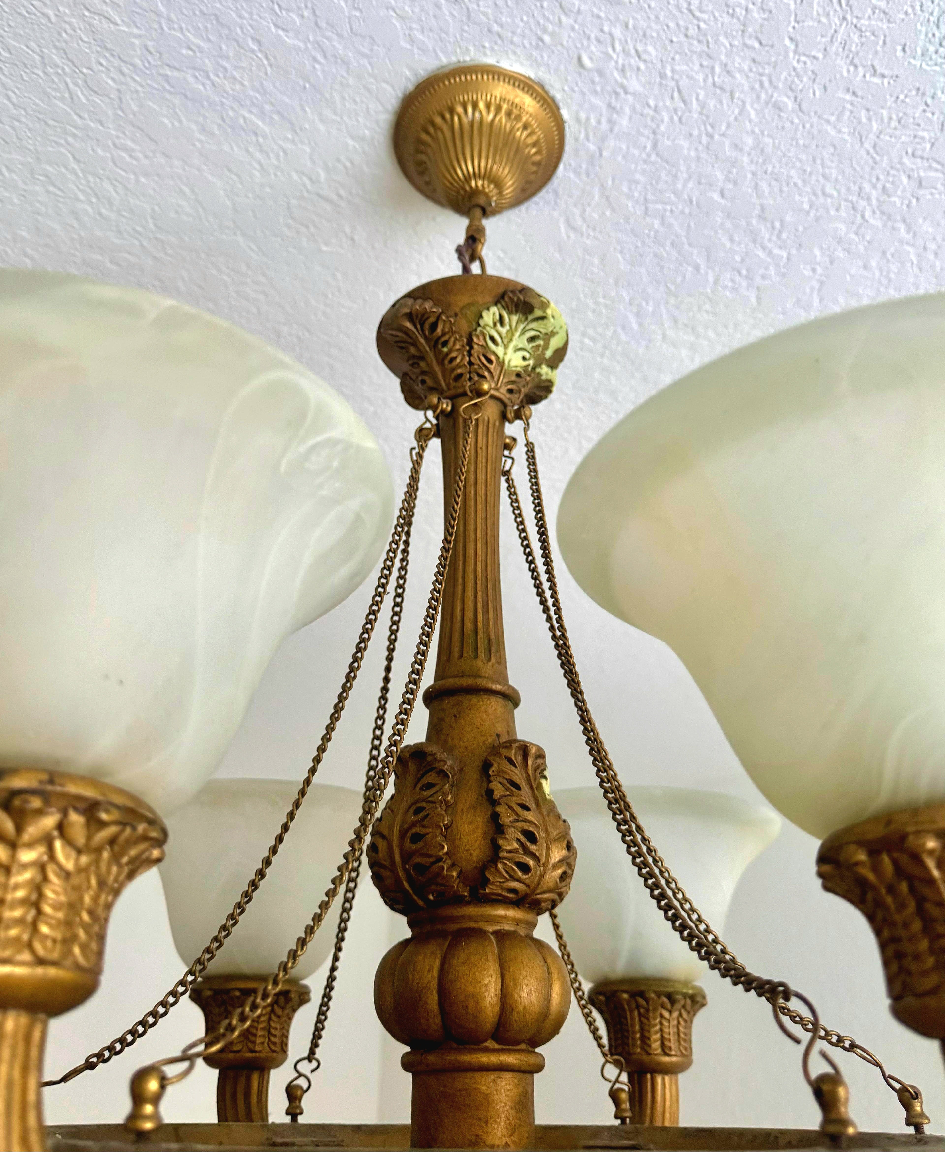 French Empire Vintage 26"H Set of 2 (ceiling to bottom 32”) Neoclassical Alabaster & Heavy Gilded Brass Chandelier 9 Bulbs