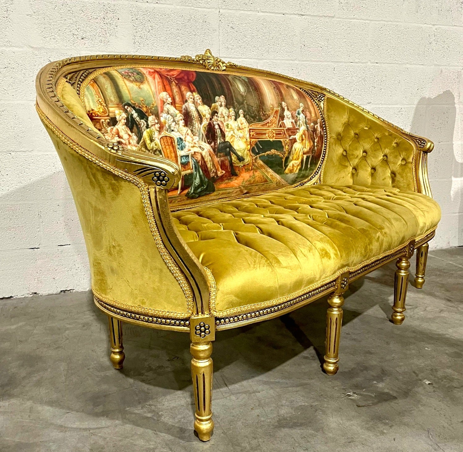 French Tufted Mustard Sofa – Victorian Scene Upholstery, Gold Leaf, Baroque Style, Luxury Vintage French Furniture