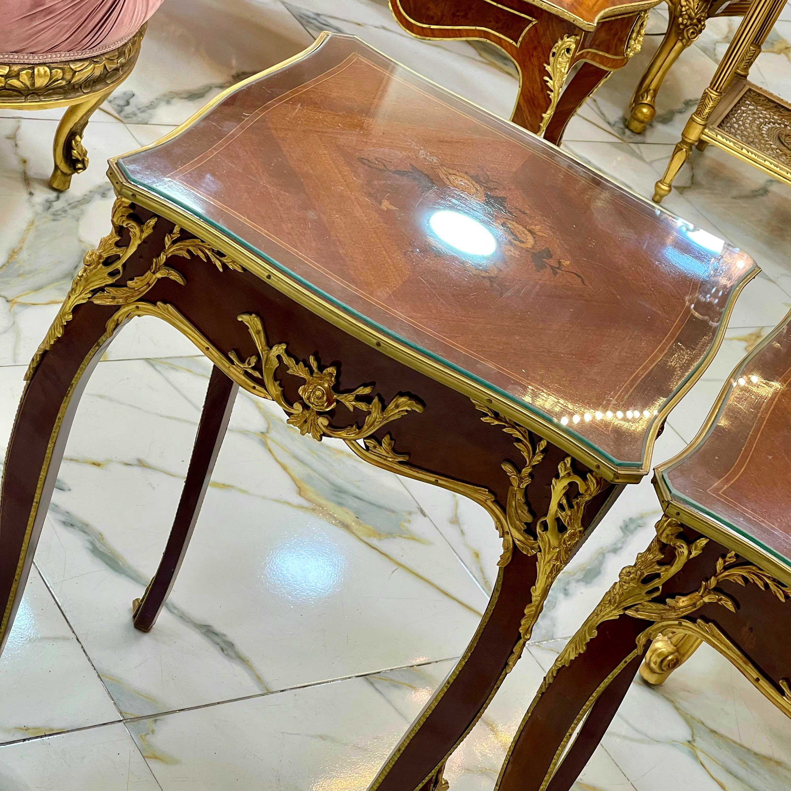 French Accent Side Table with Glass Top, Gold Leaf & Bronze Details