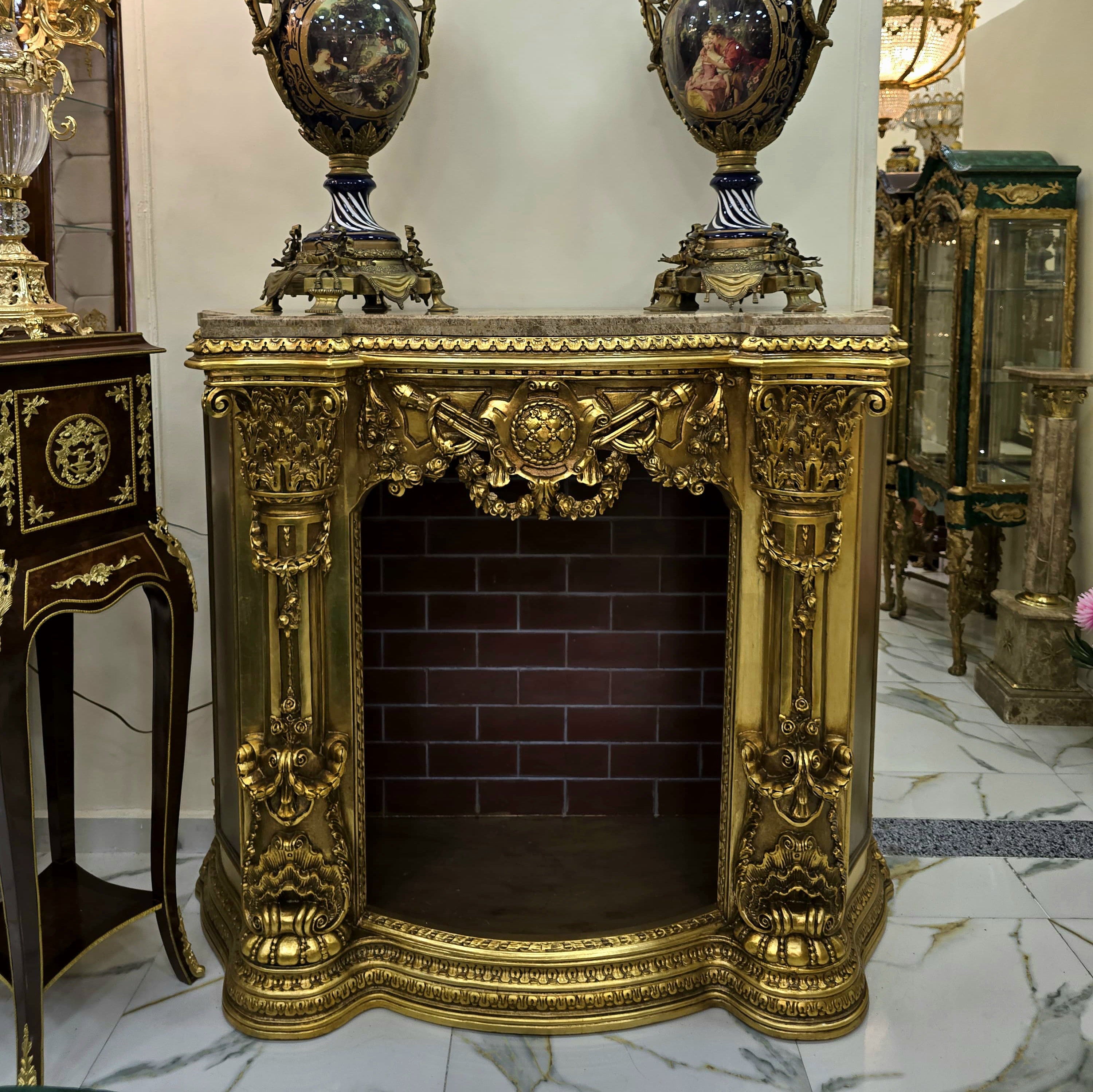 Ornate French Style Fireplace Cabinet with Marble Top & Gold Leaf Accents
