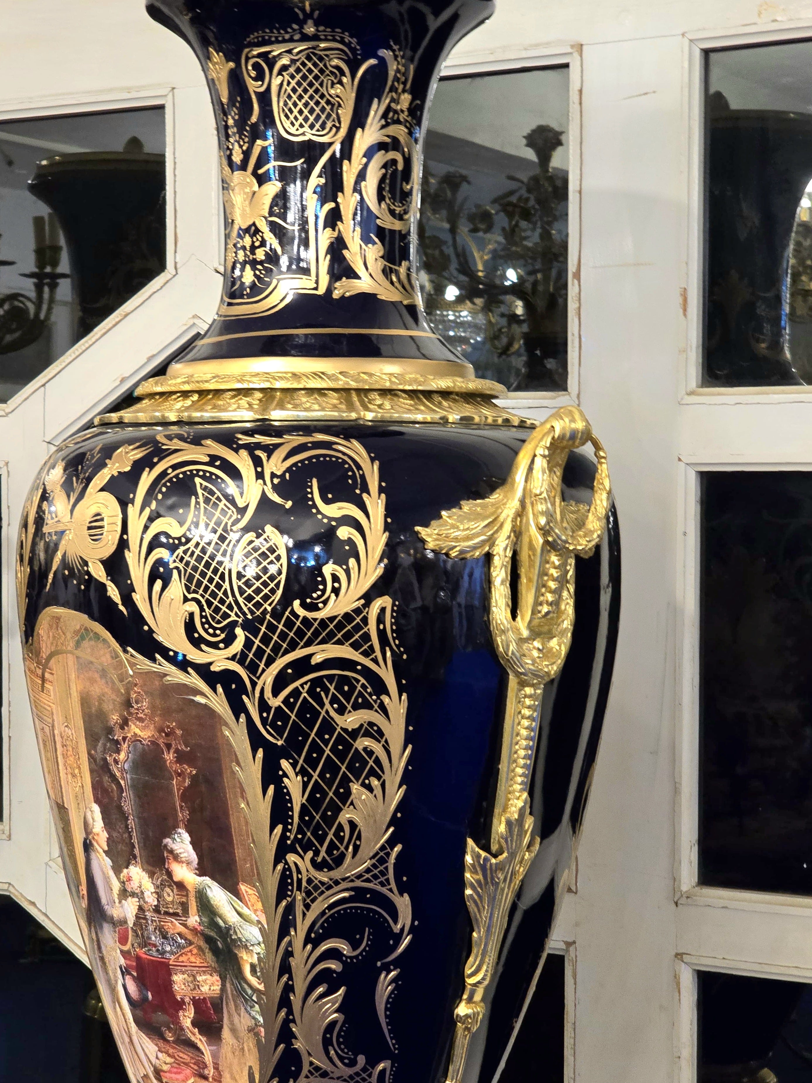 Monumental Sevres-Style Midnight Blue Porcelain Vase on Pedestal with Gold Leaf Details & French Court Scenes