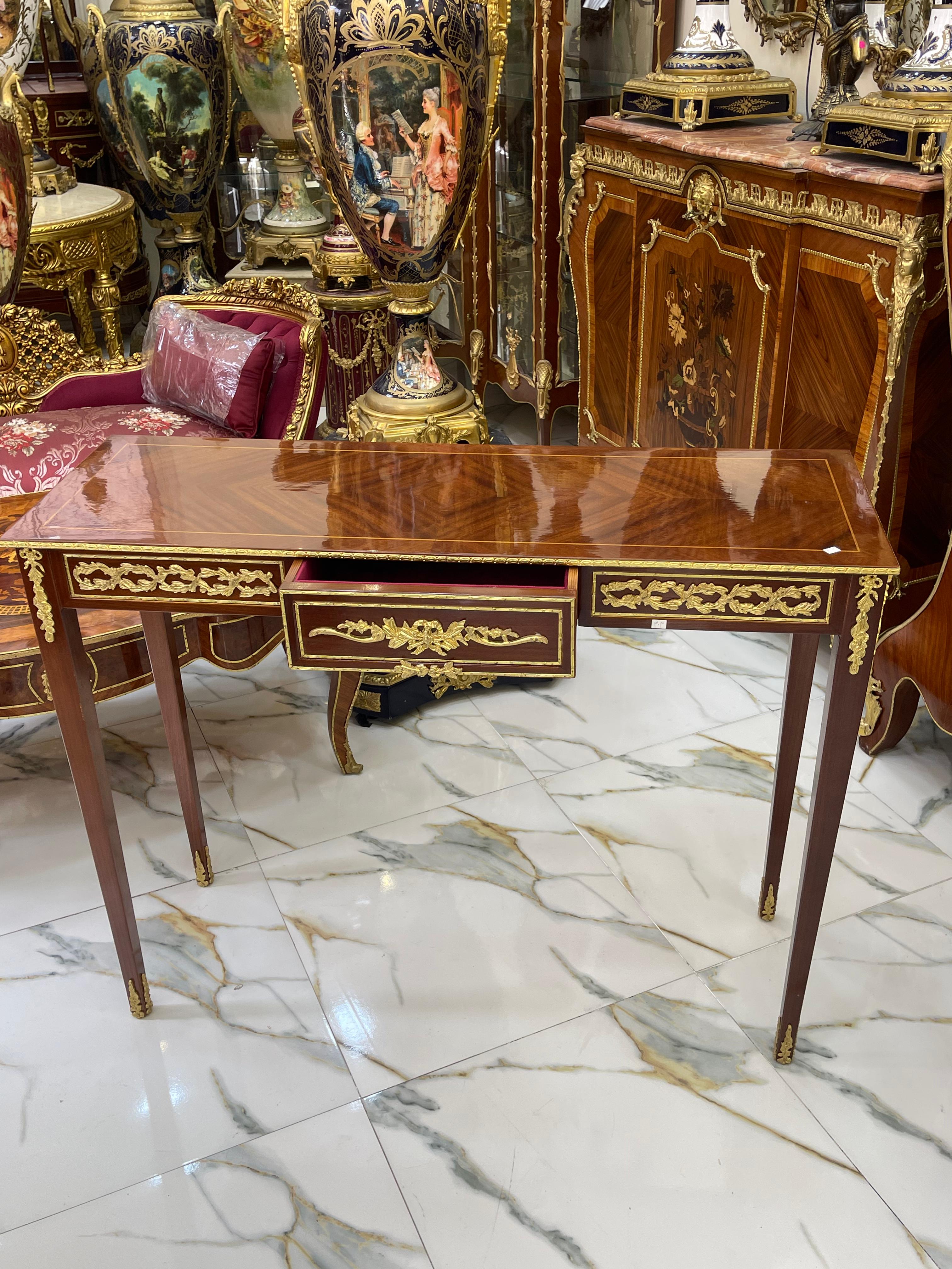 Vintage French Style Console Table / Desk – Handcrafted Brown Finish with Gold Leaf Trim, 35"H x 44"W x 15"D