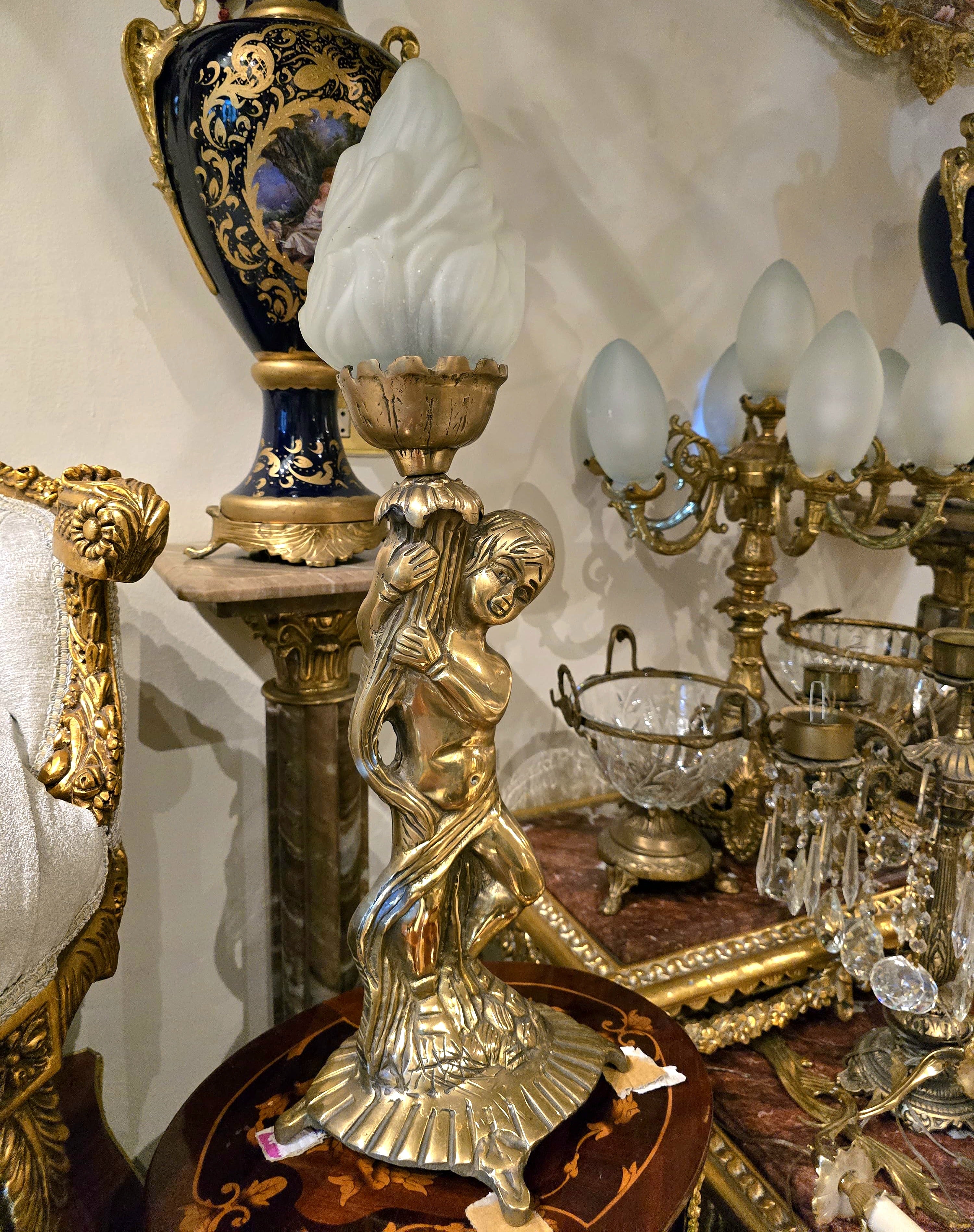 Rococo Style Cherub Table Lamp with Frosted Glass Flame Shade & Gilt Bronze Finish