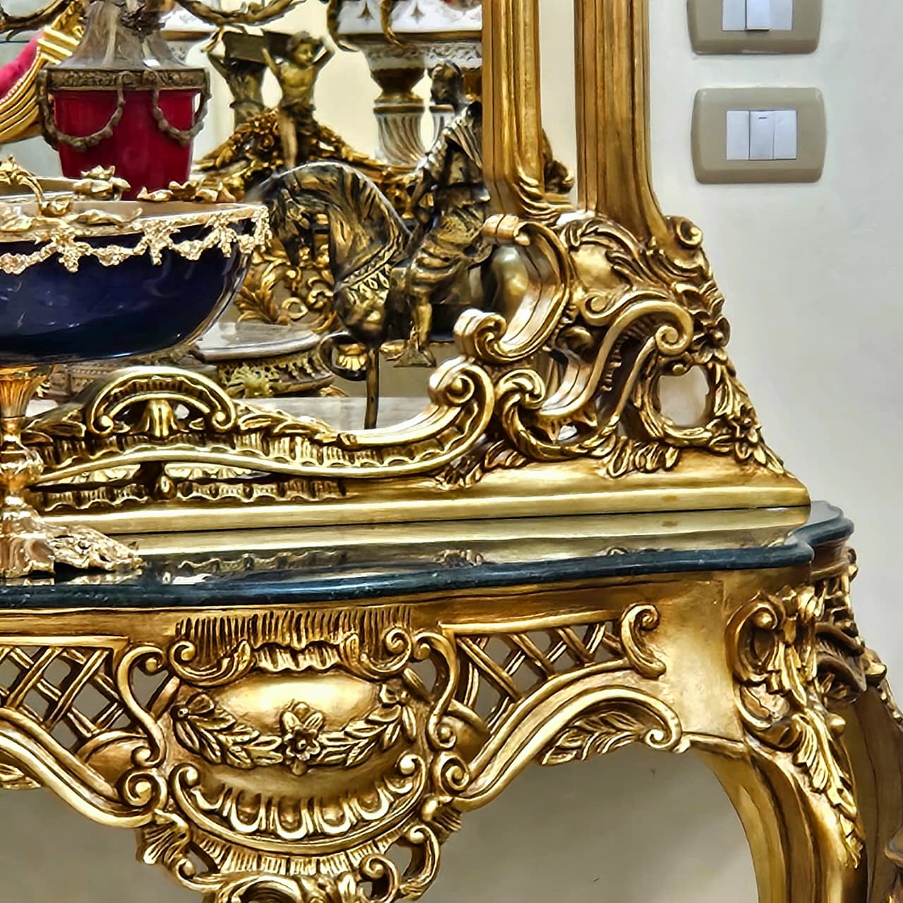 Rococo Gold Leaf Console Table with Black Marble Top & Ornate Mirror Set