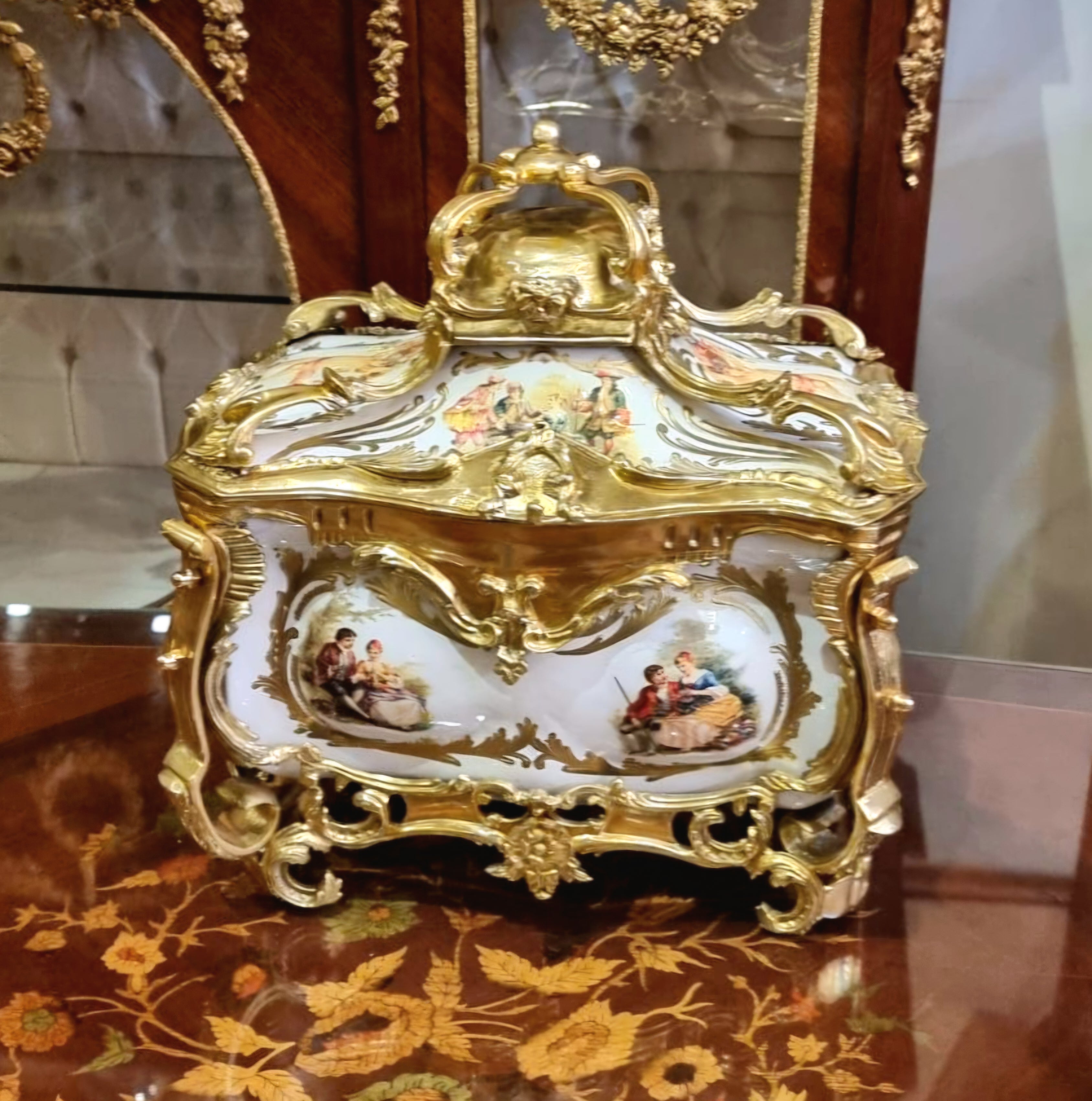French Style Porcelain Jewelry Box with Gilt Bronze Ormolu Details