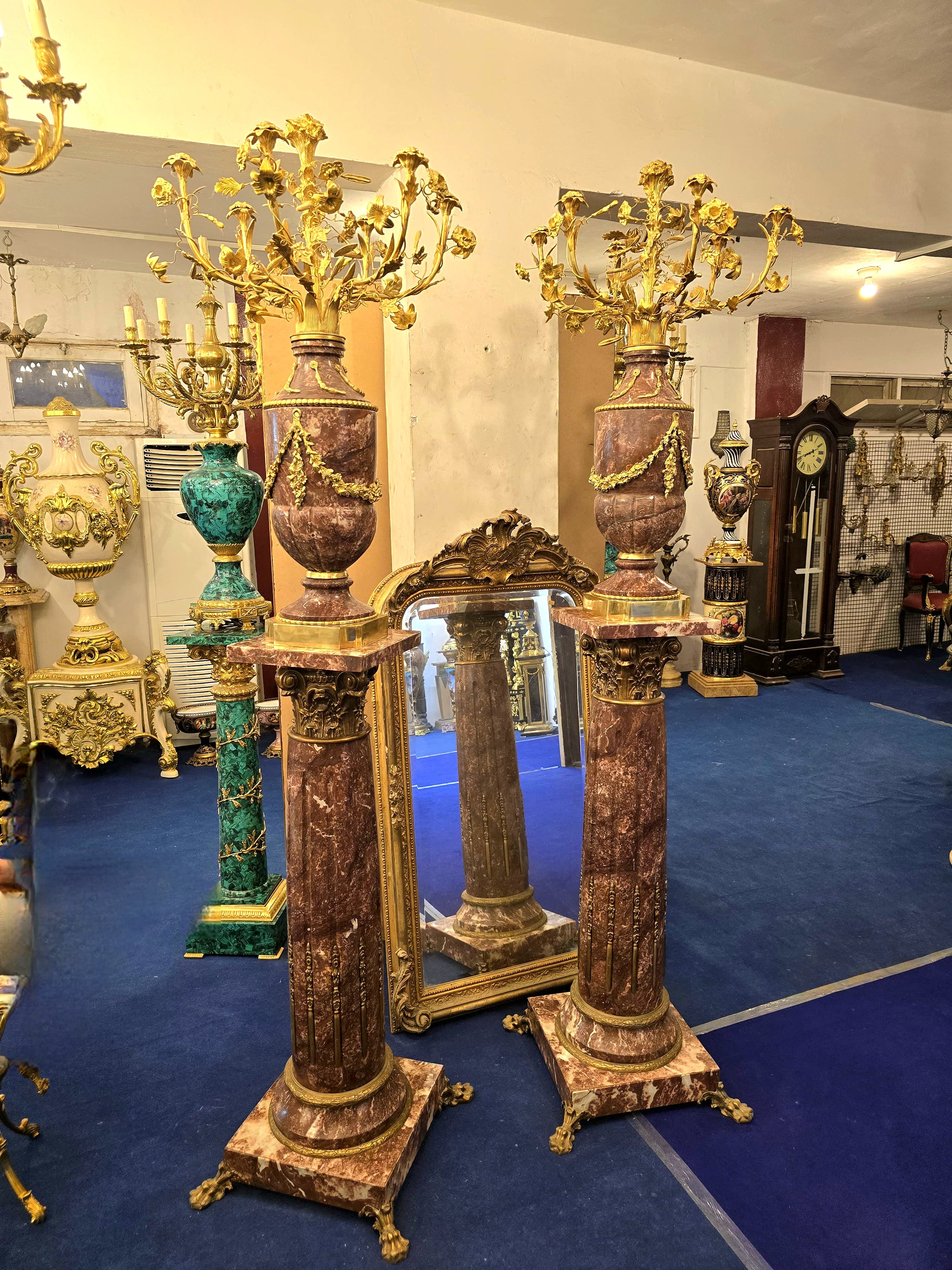 Magnificent Louis XVI-Style Porcelain Pedestal Centerpiece with Floral Gold Leaf Details & Gilded Bronze Accents