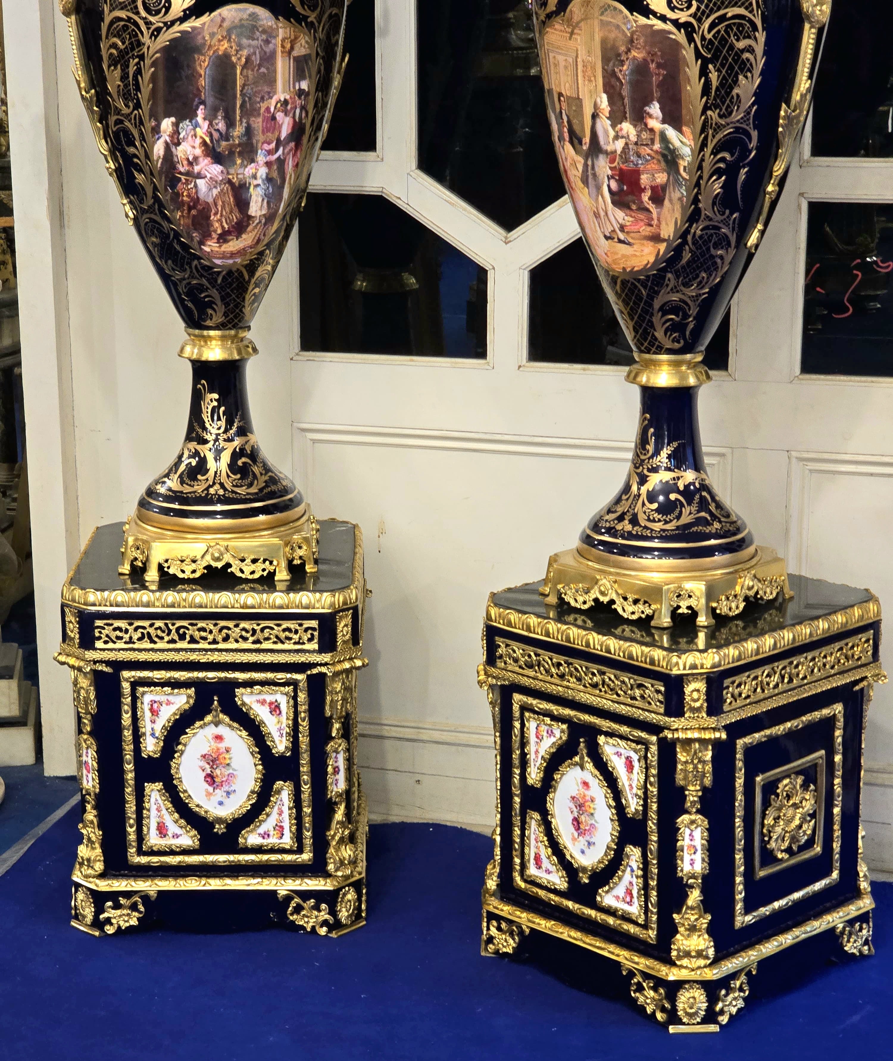 Monumental Sevres-Style Midnight Blue Porcelain Vase on Pedestal with Gold Leaf Details & French Court Scenes