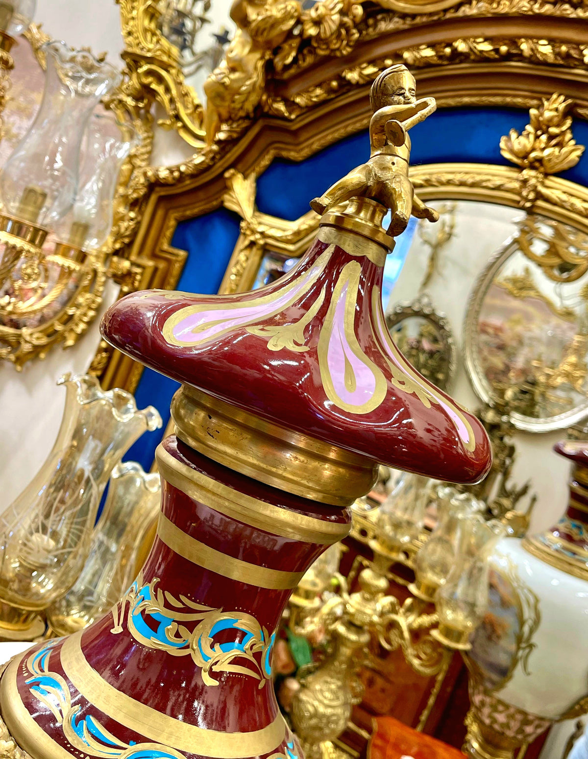 French Porcelain Vase with Romantic Couple Scene & Cherub Finial – Gilt Bronze Mounted Vase