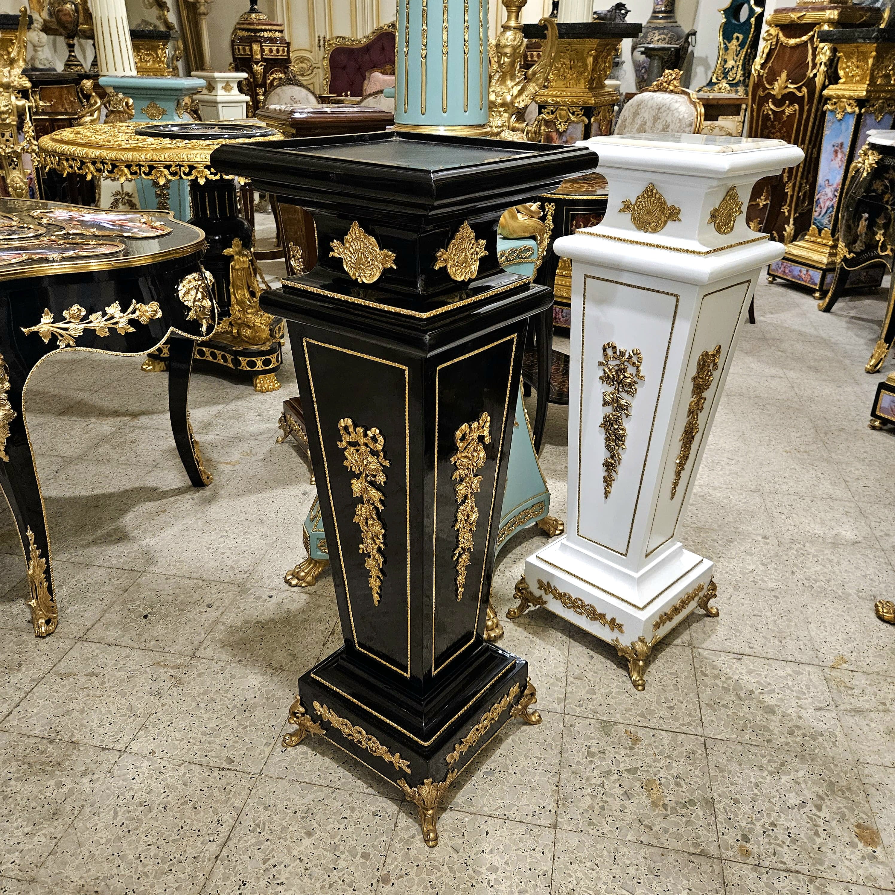 French Rococo Black Geometric Pedestal – Marble Top Column with Bronze & Gold Leaf Details