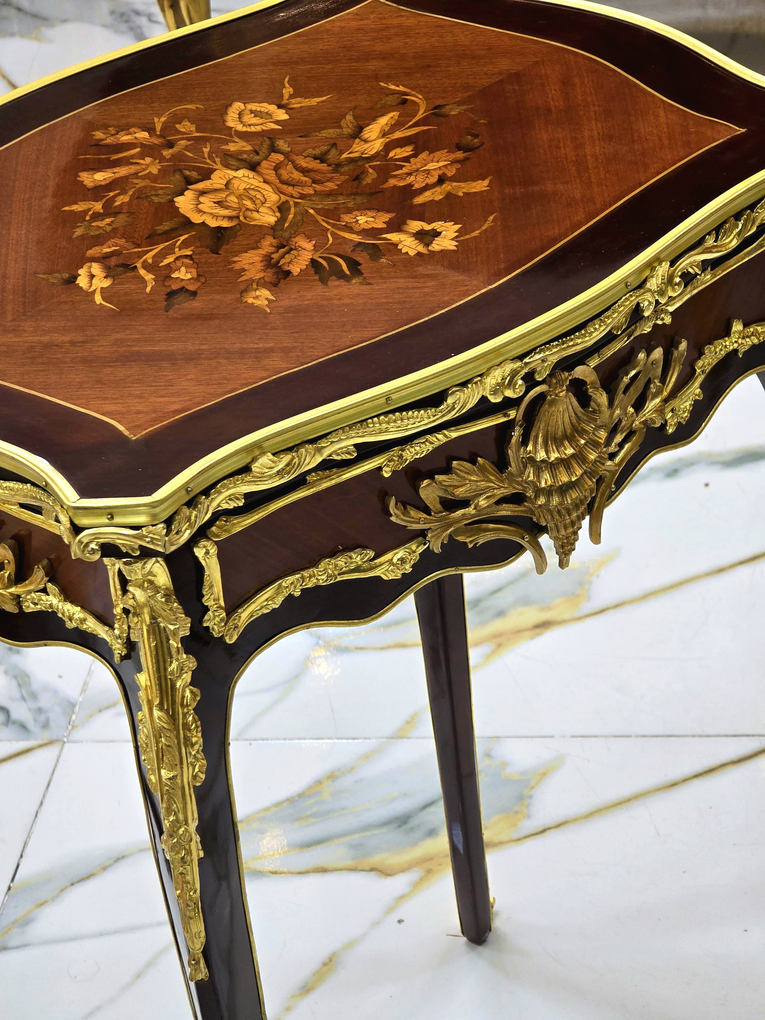 French Accent Side Table with Glass Top, Gold Leaf & Bronze Details